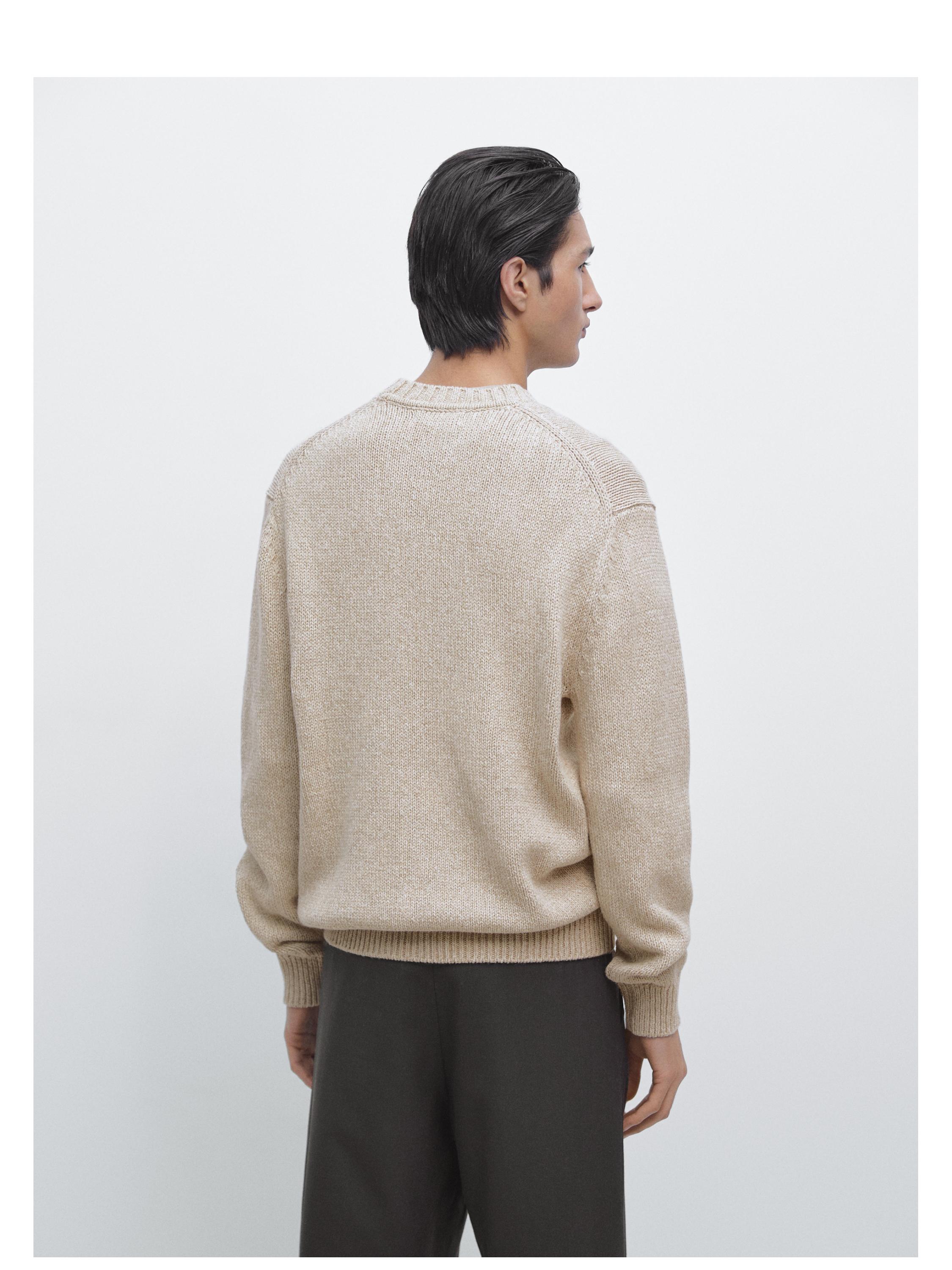 Cotton blend knit crew neck sweater — BEIGE