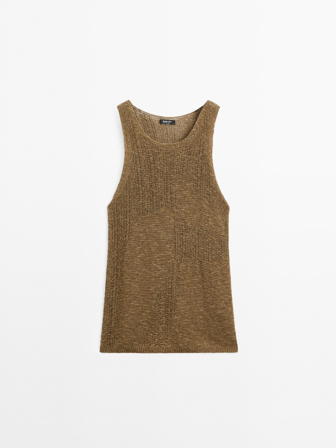 Massimo Dutti - Dame - Halterneck-Top Med Hulmønster - Grøn - M