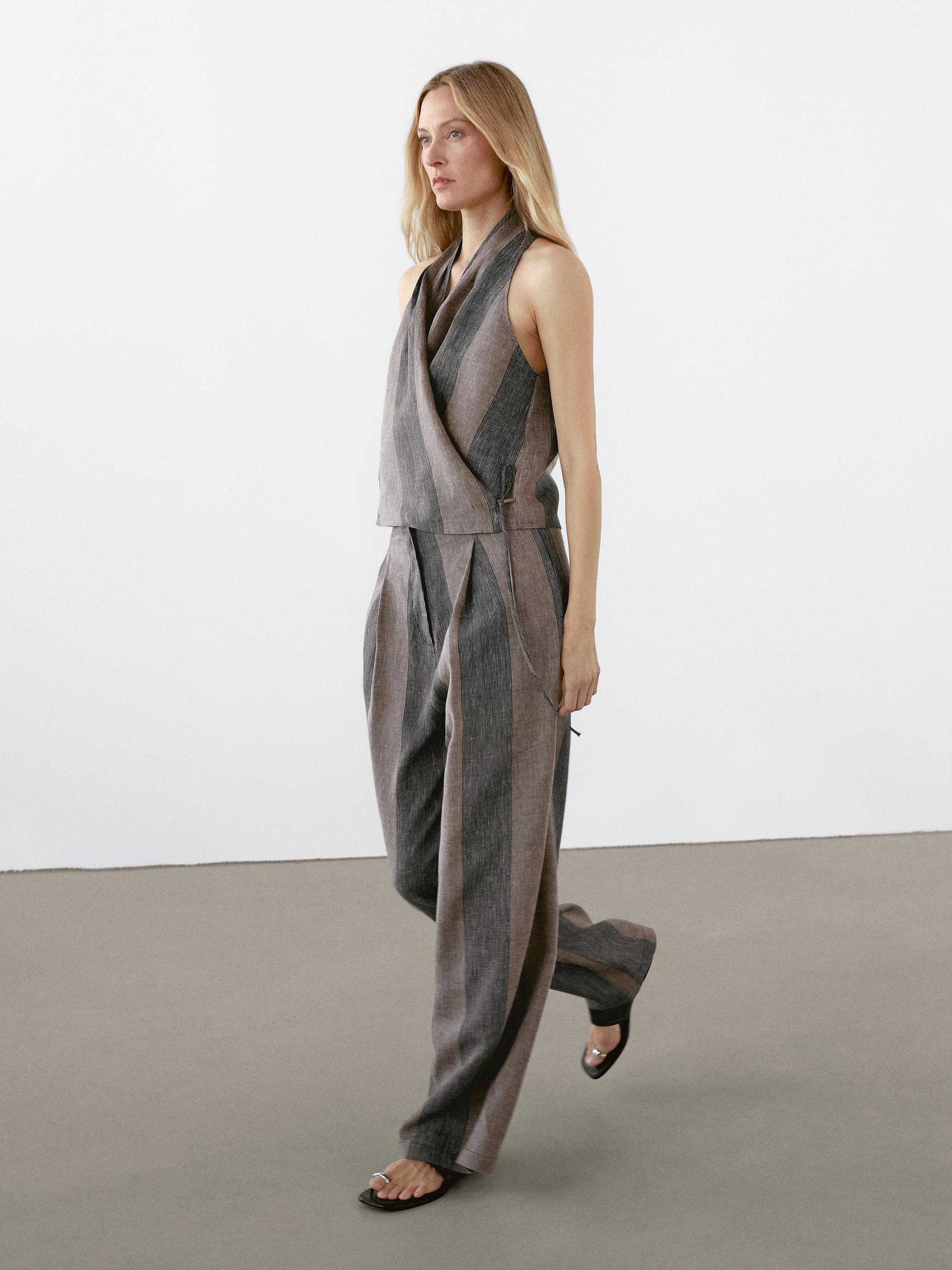 Pantaloni A Palazzo A Righe Combinati - Marrone Topo - 40 (It 44) - Massimo Dutti - Femminile