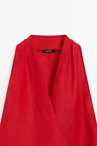 100% linen wrap top with button detail — RED 9