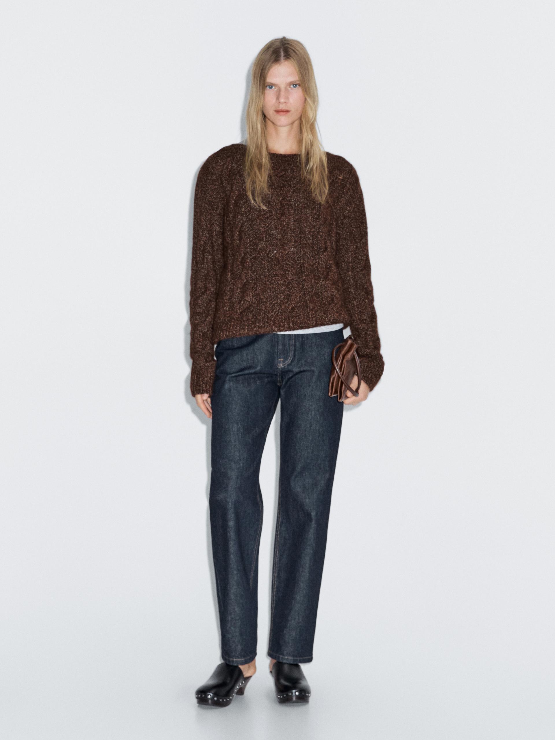 Pull En Maille Tressée À Col Bateau - Brun-Rouge - M - Massimo Dutti - Femme