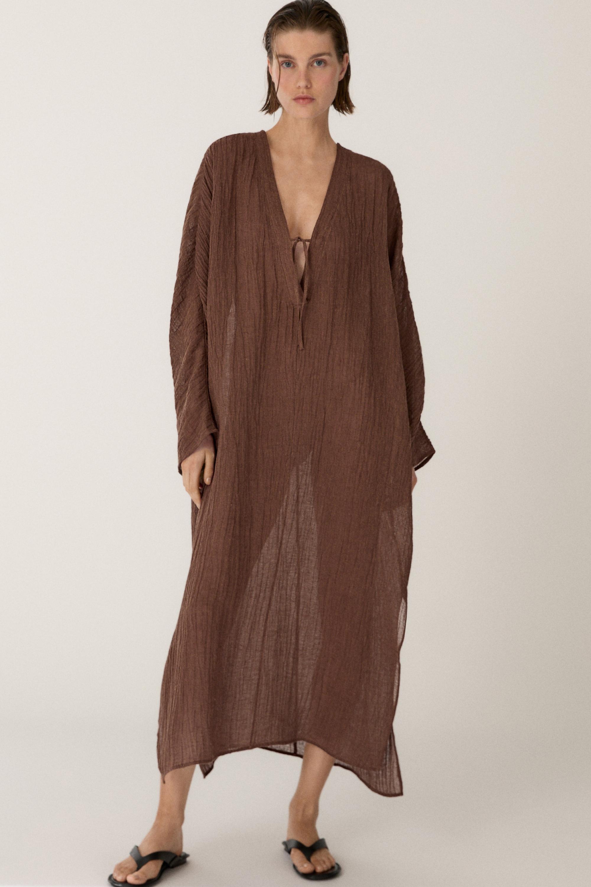 Linen blend kaftan dress with tied neckline