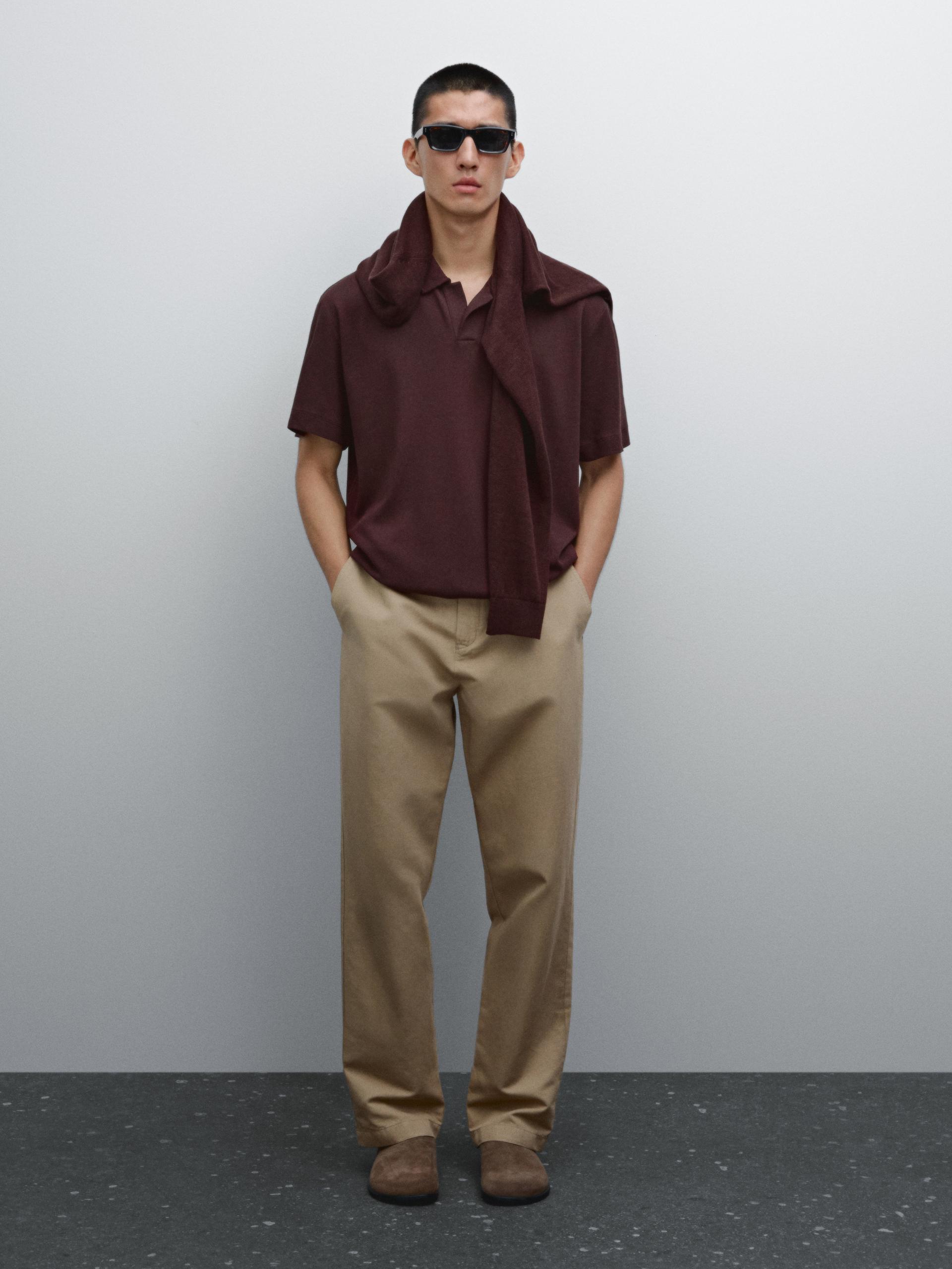 Polo Manches Courtes Lin Mélangé - Grenat - M - Massimo Dutti - Homme