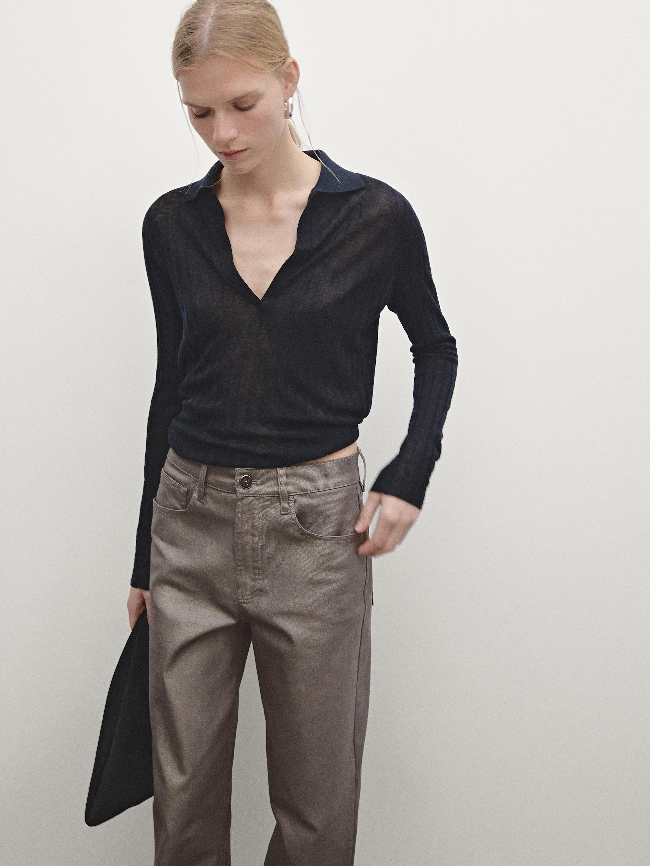 Pantalon straight taille haute métallisé