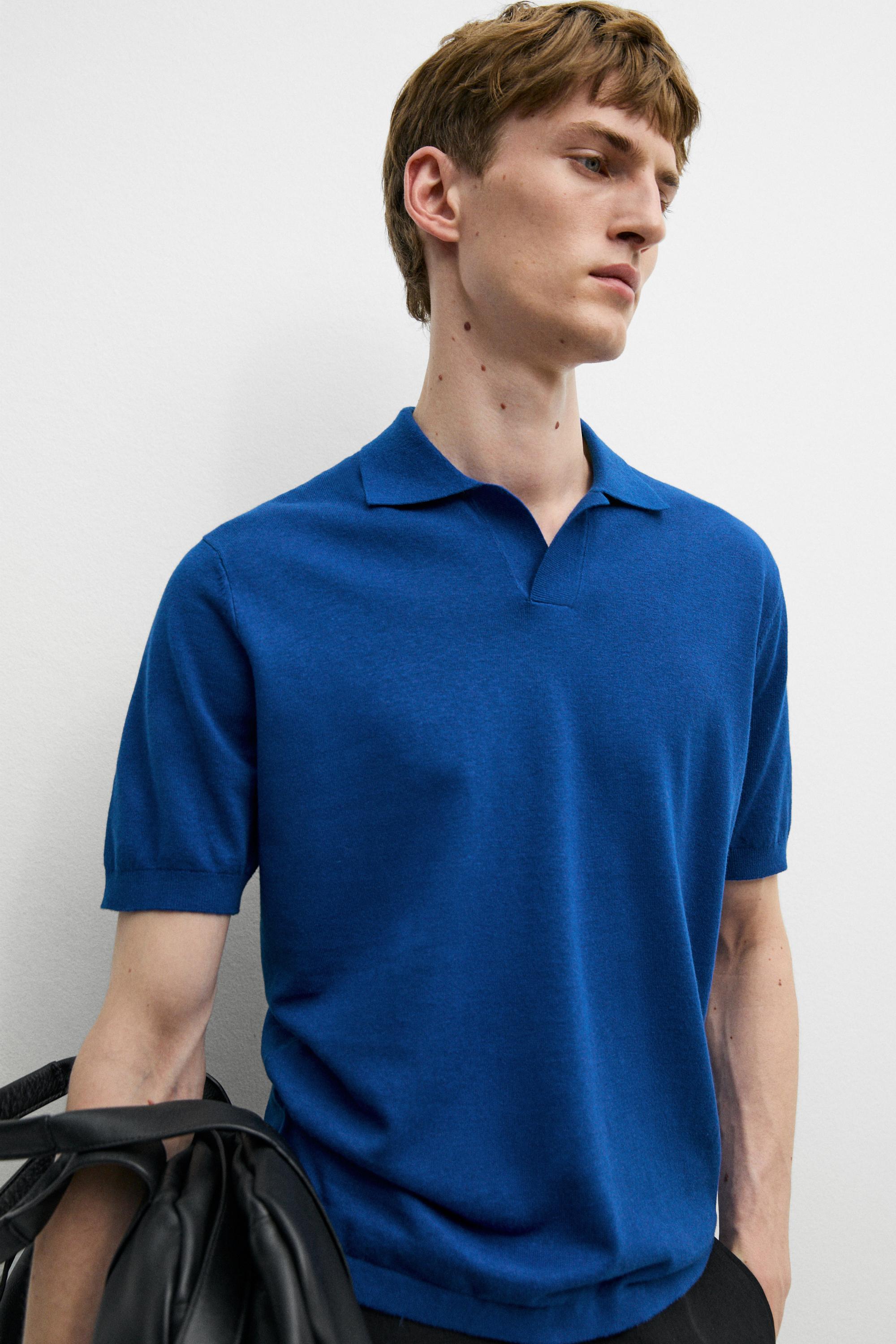 Cotton and linen knit polo sweater — Blue