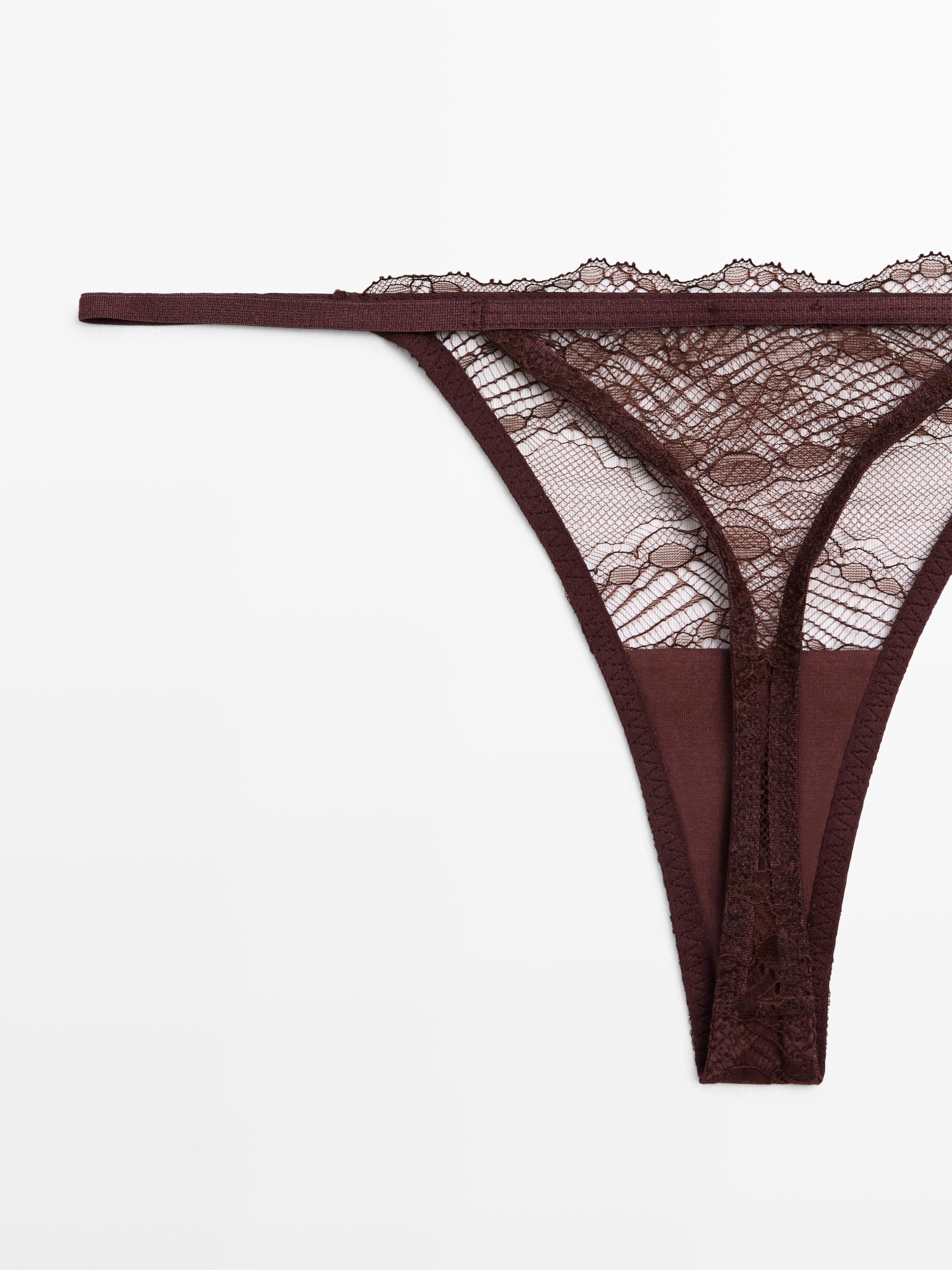 Scalloped lace thong — BROWN
