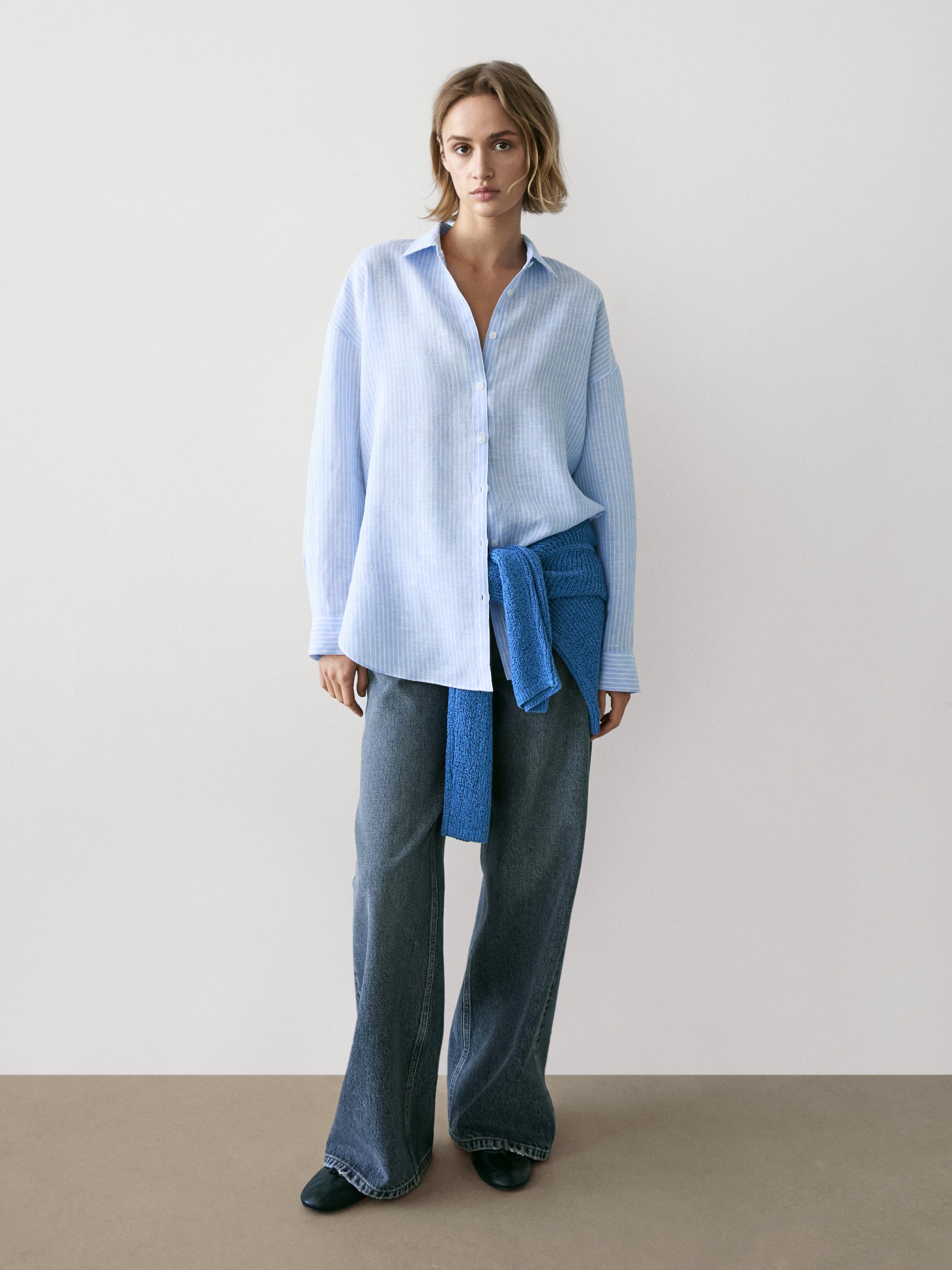 Flowing striped 100% linen shirt — SKY BLUE