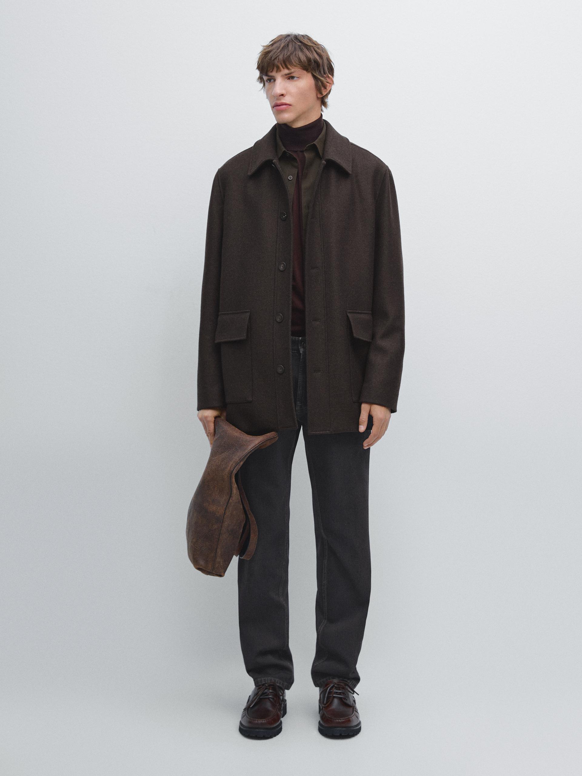 Manteau Midi À Chevrons En Mélange De Laine - Chocolat - Xl - Massimo Dutti - Homme