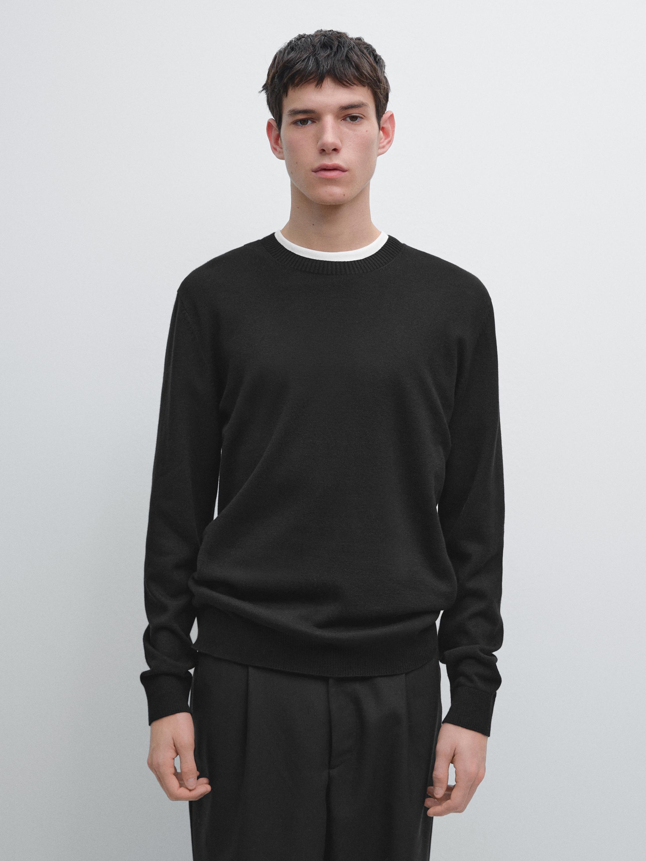 Knit cotton and wool sweater with crew neck