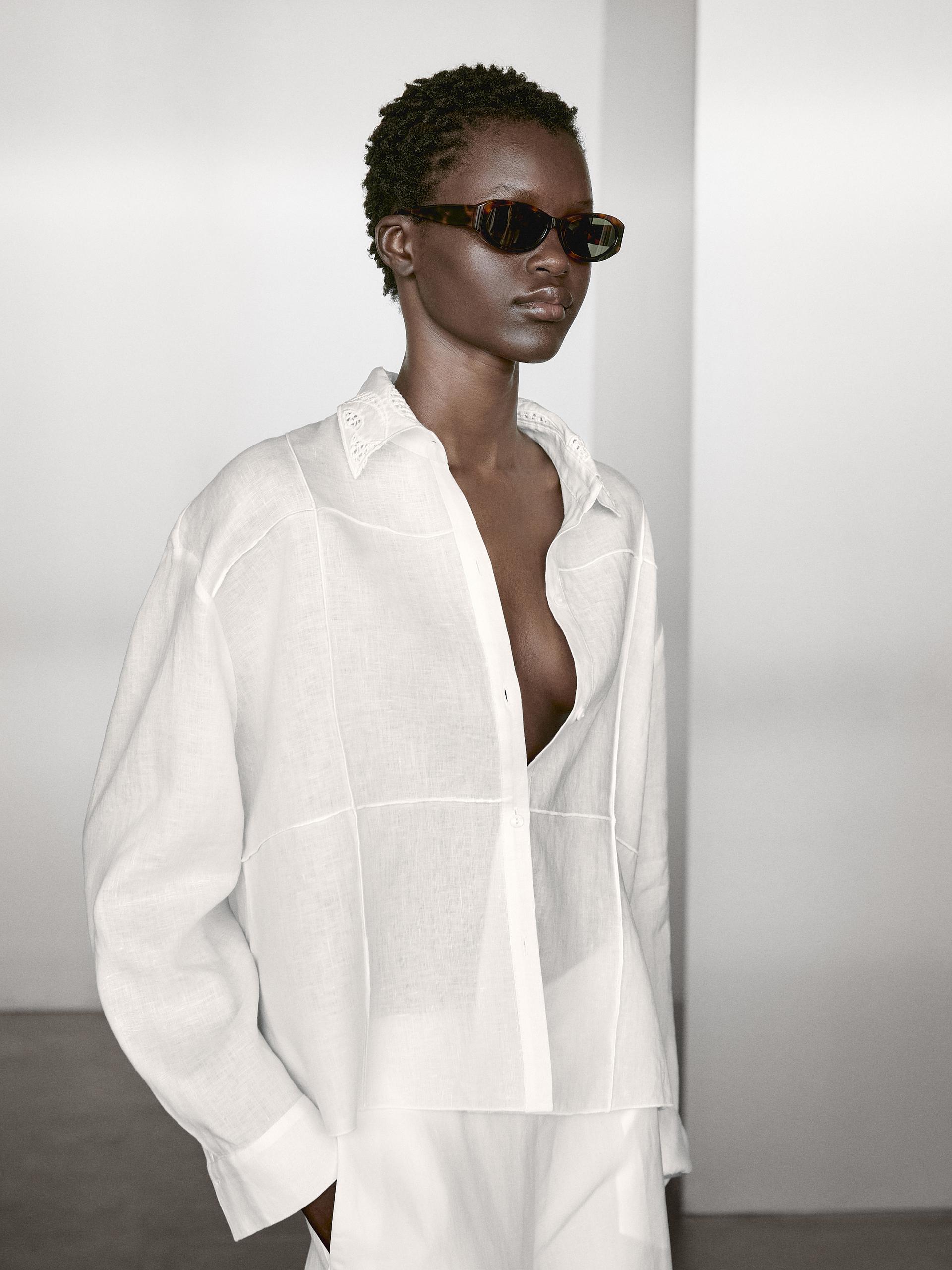 Camicia Con Ricami 100% Lino - Bianco - S - Massimo Dutti - Femminile