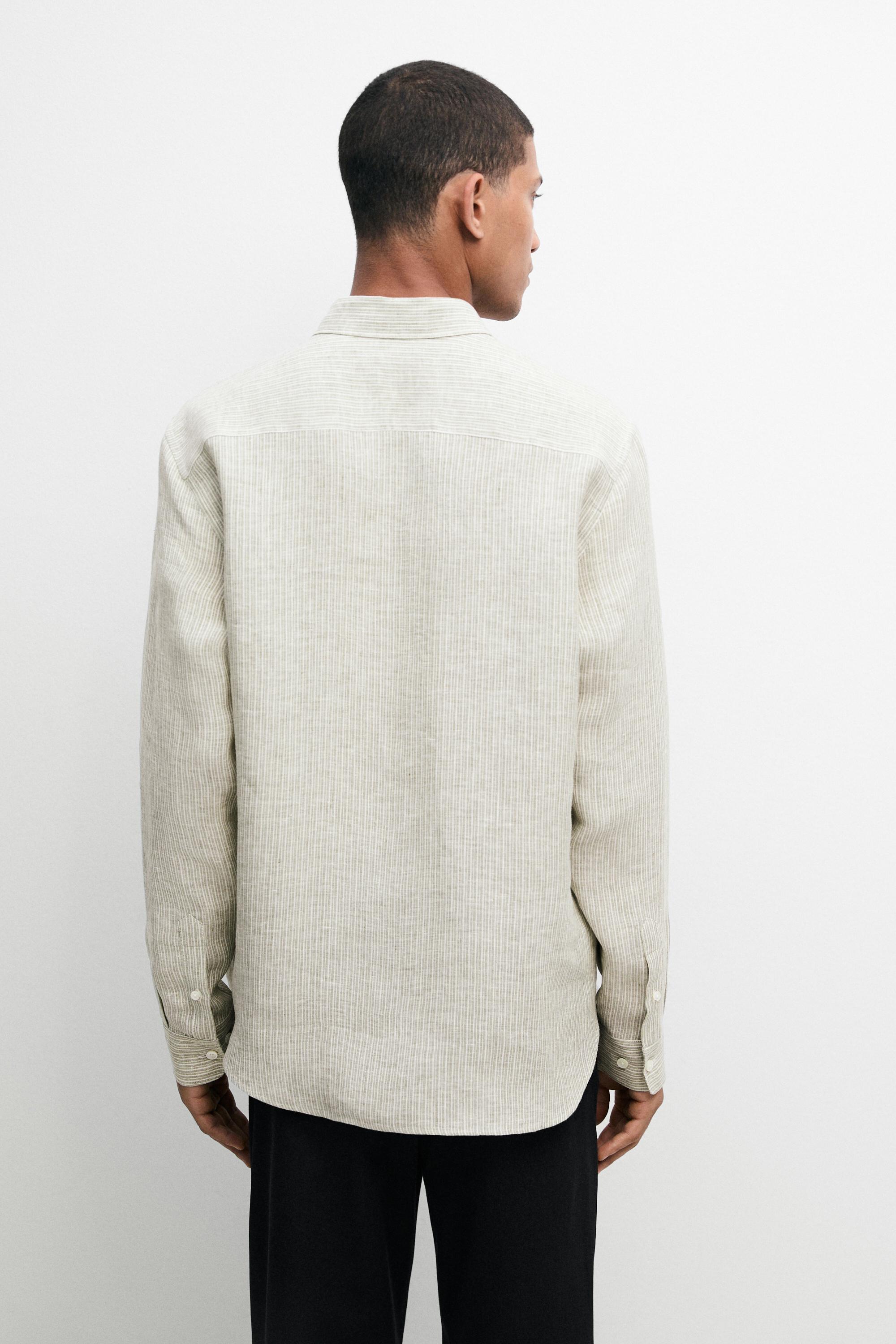 100% linen regular fit striped shirt — GREEN