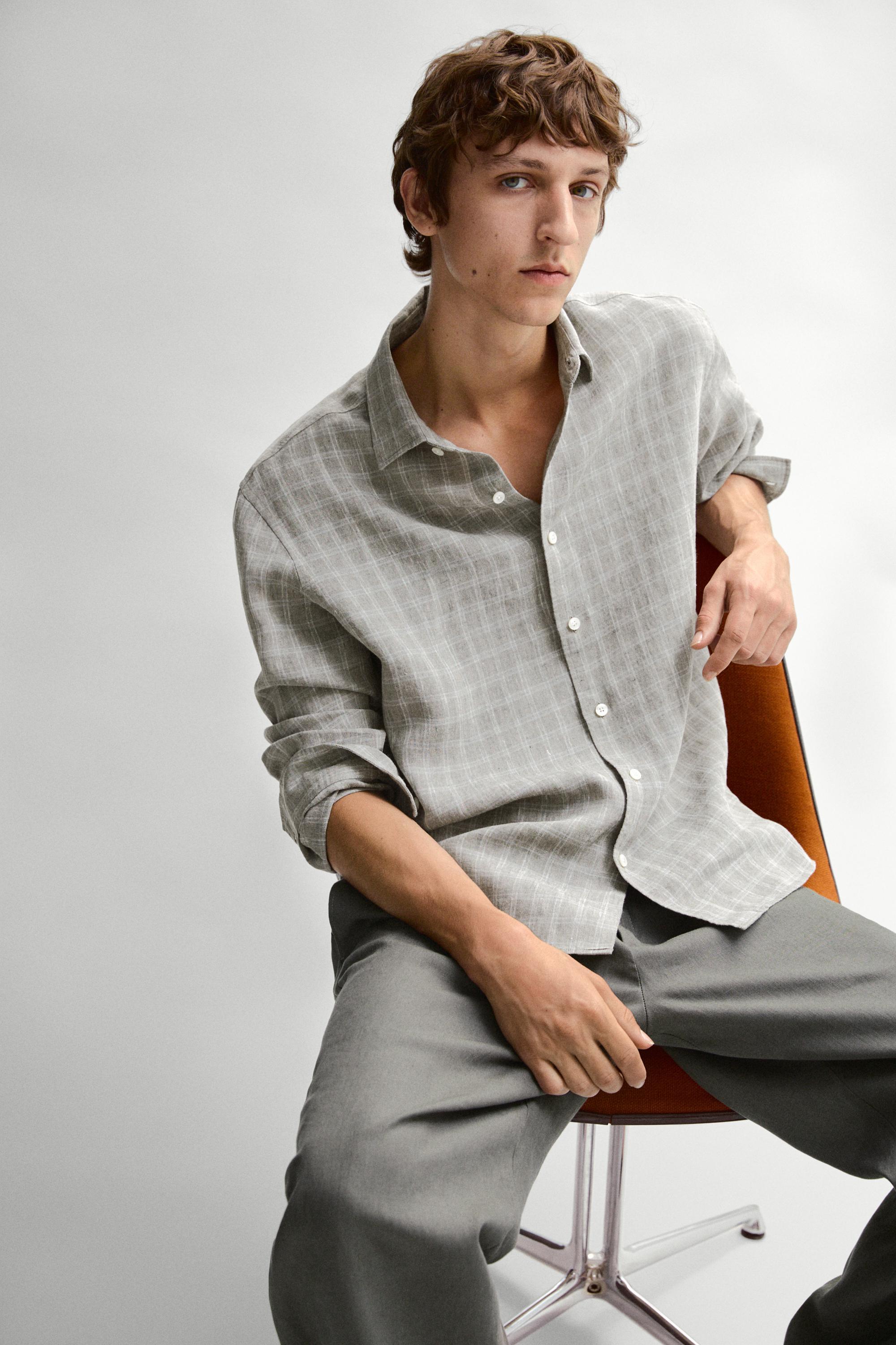 100% linen check shirt — GREY