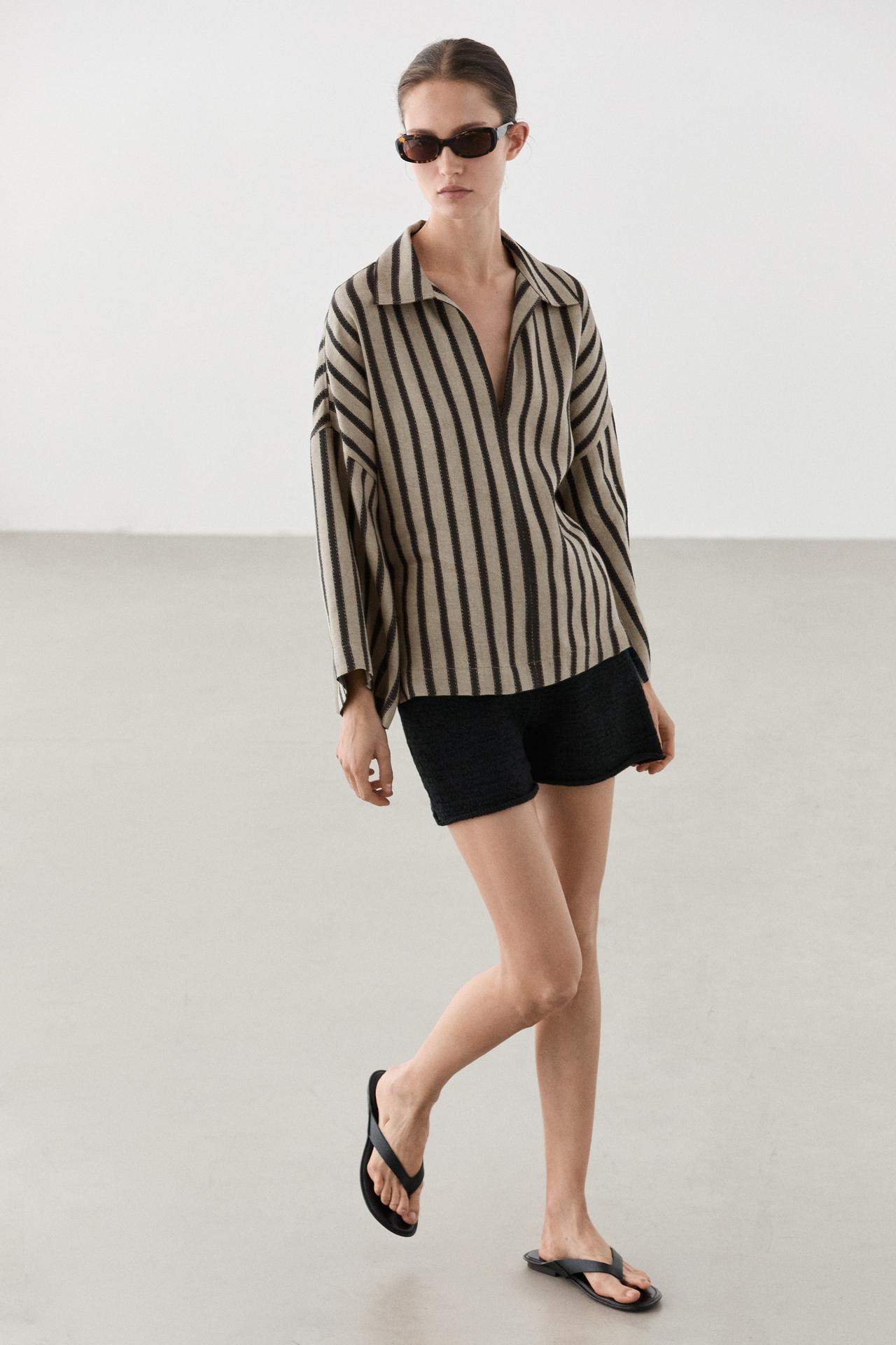 Oversize striped linen blend blouse — SAND