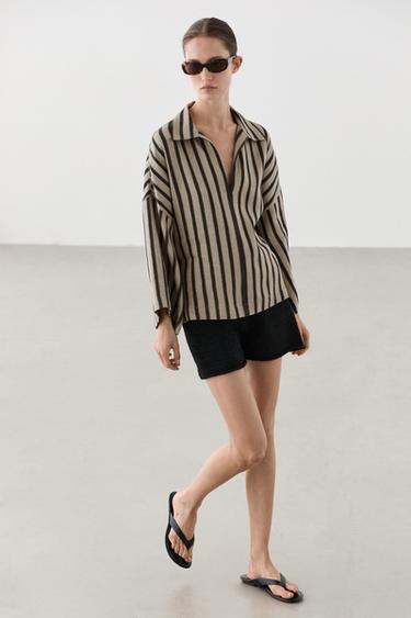 Oversize striped linen blend blouse — SAND 8