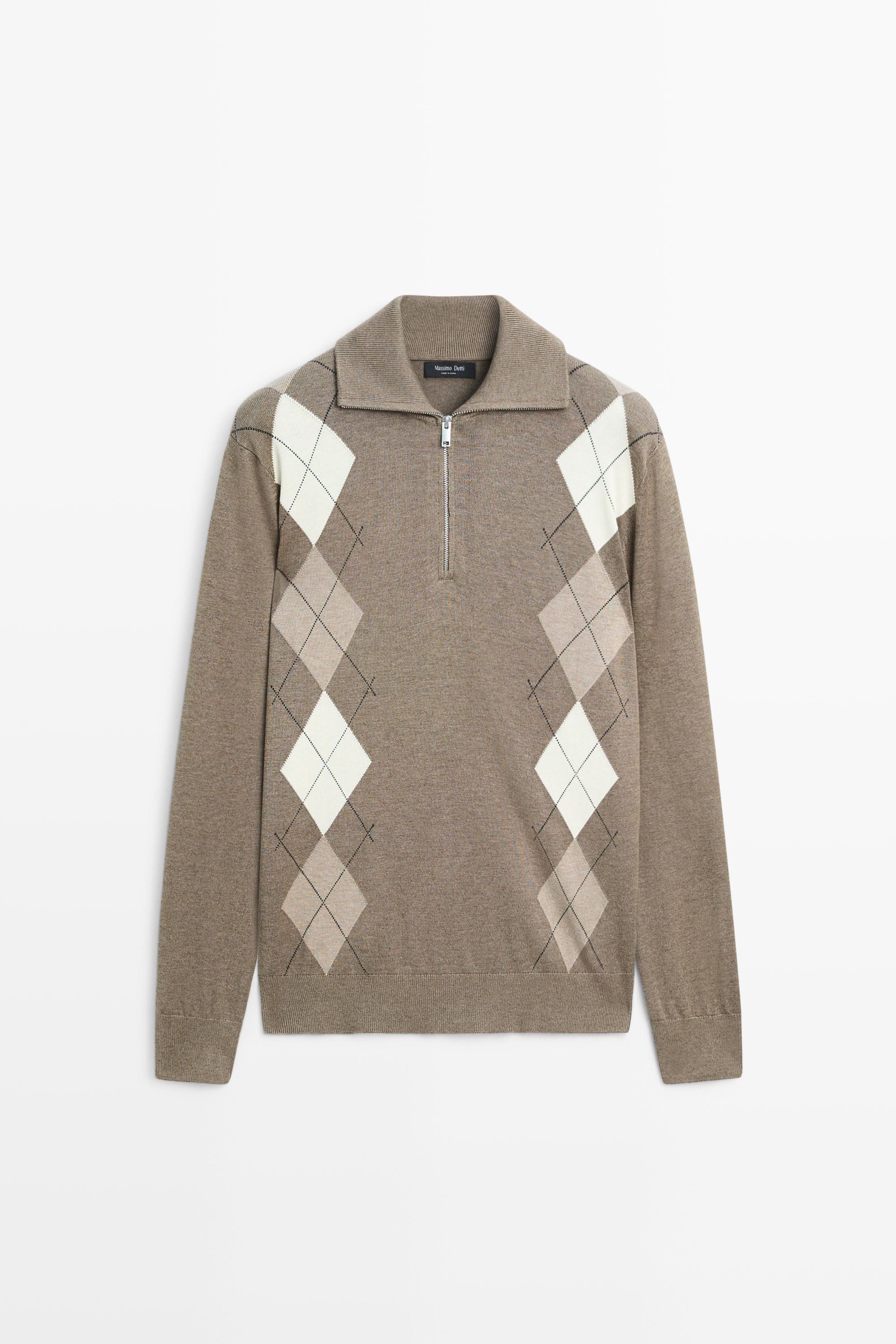 Argyle quarter-zip knit sweater — KHAKI