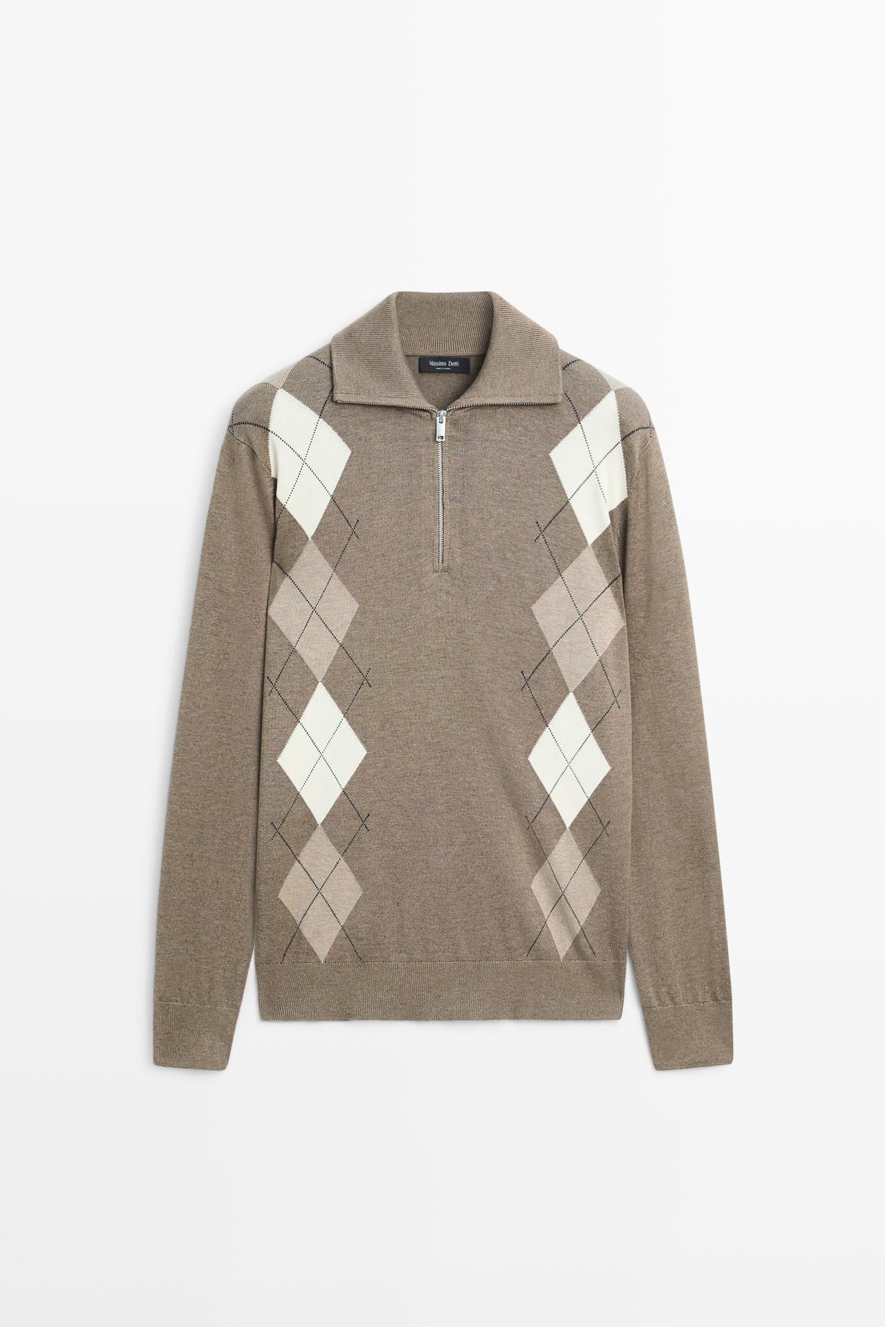 Argyle quarter-zip knit sweater — KHAKI
