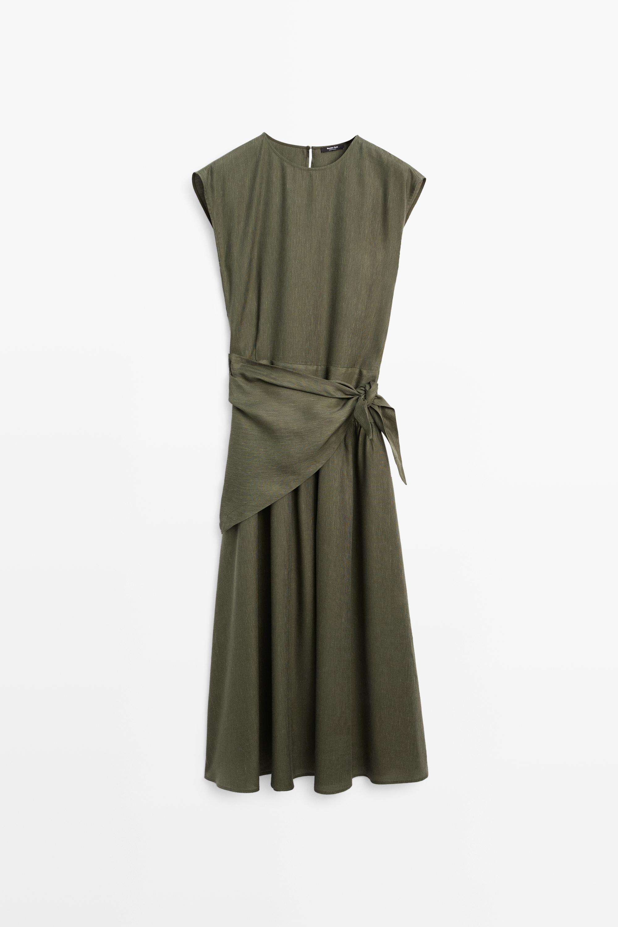 Flowing midi dress with scarf detail Green Dress | Massimo Dutti Flowing midi dress with scarf detail Green Dress | Massimo Dutti