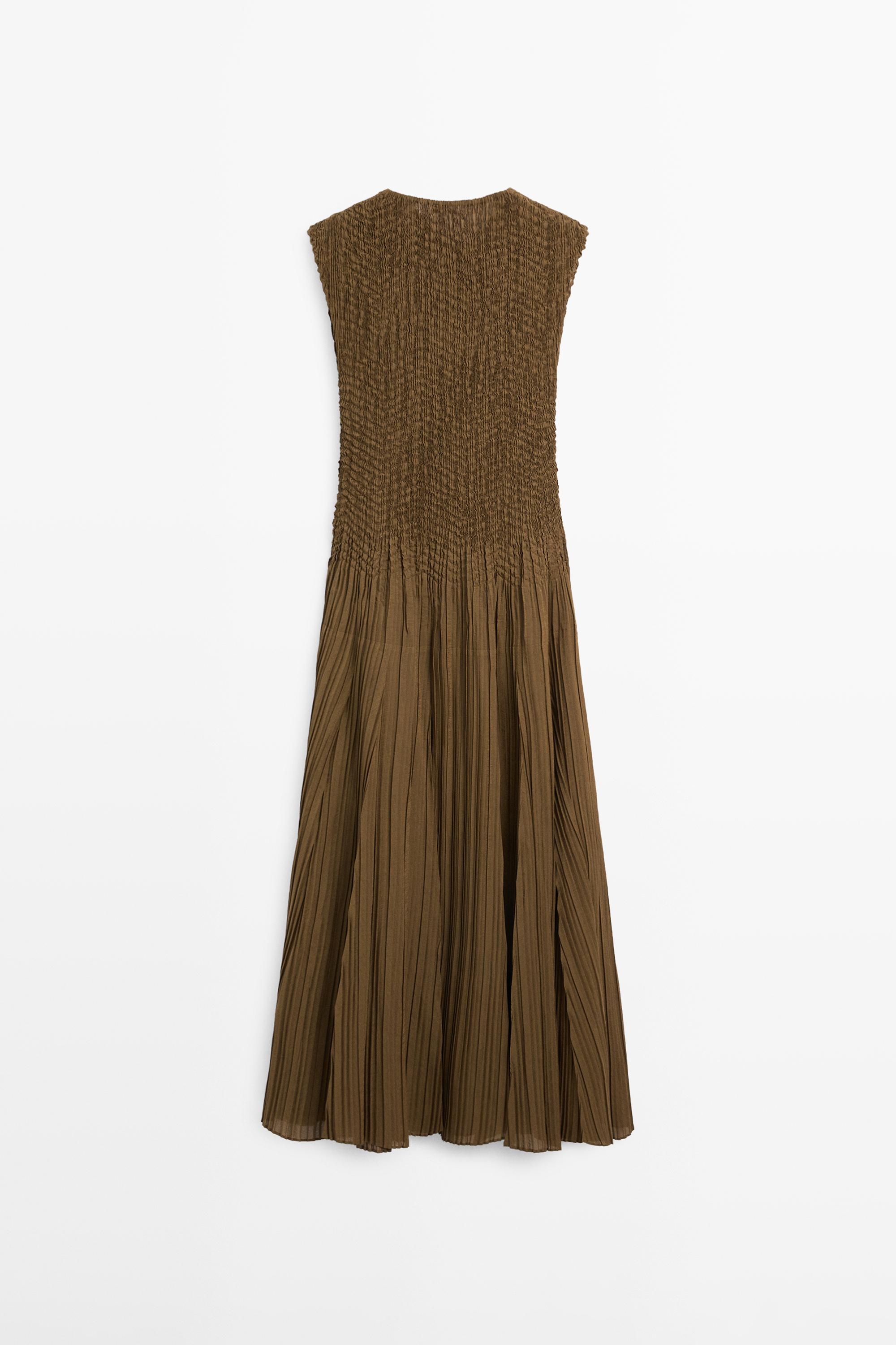 massimo dutti green pleated dress Massimo Dutti Green Pleated Dress Flowing Midi Dress With Scarf Detail   Green  Dress Massimo Dutti