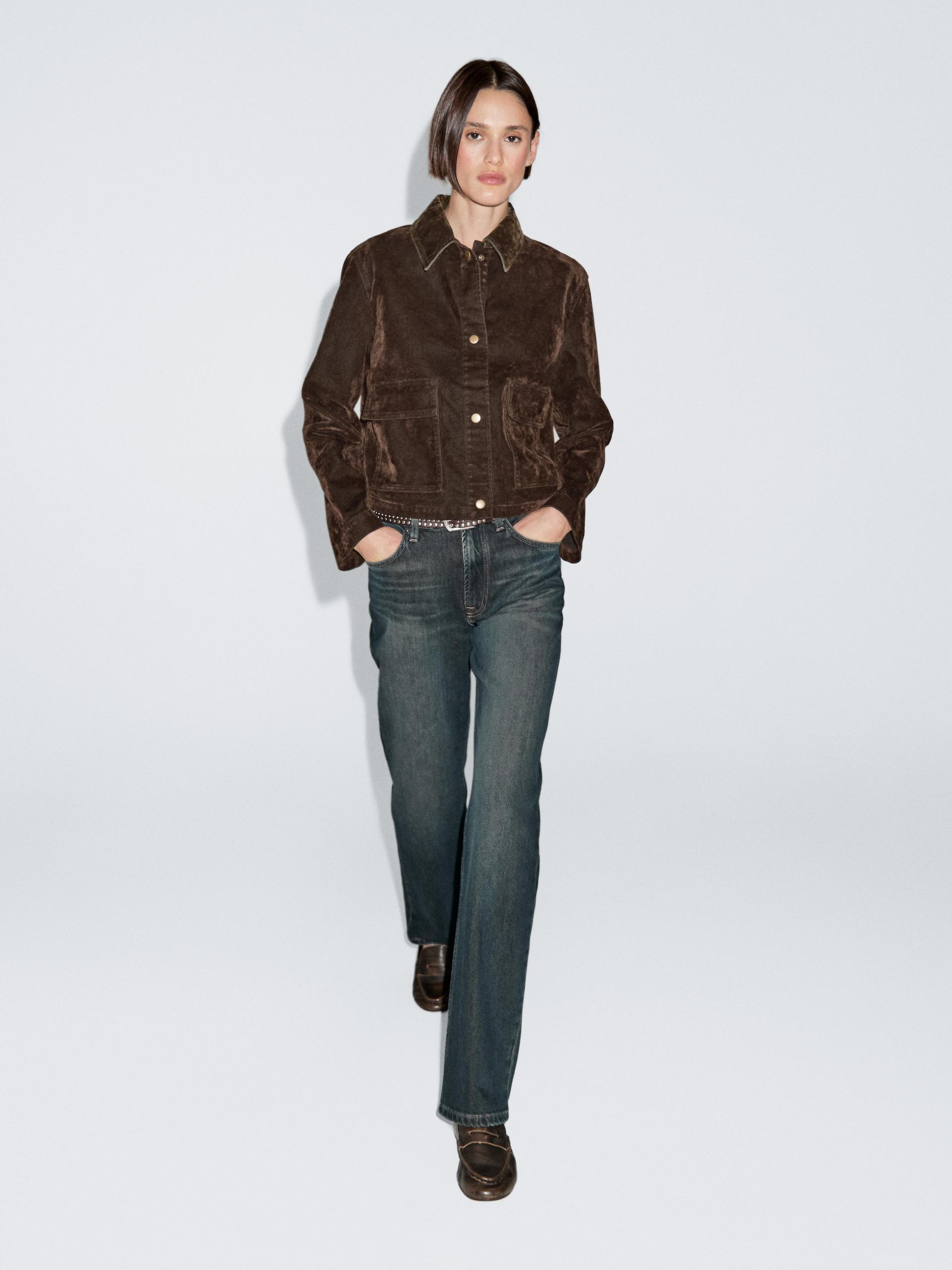Chaqueta Denim Corta Bolsillos Acabado Flock - Chocolate - S - Massimo Dutti - Mujer