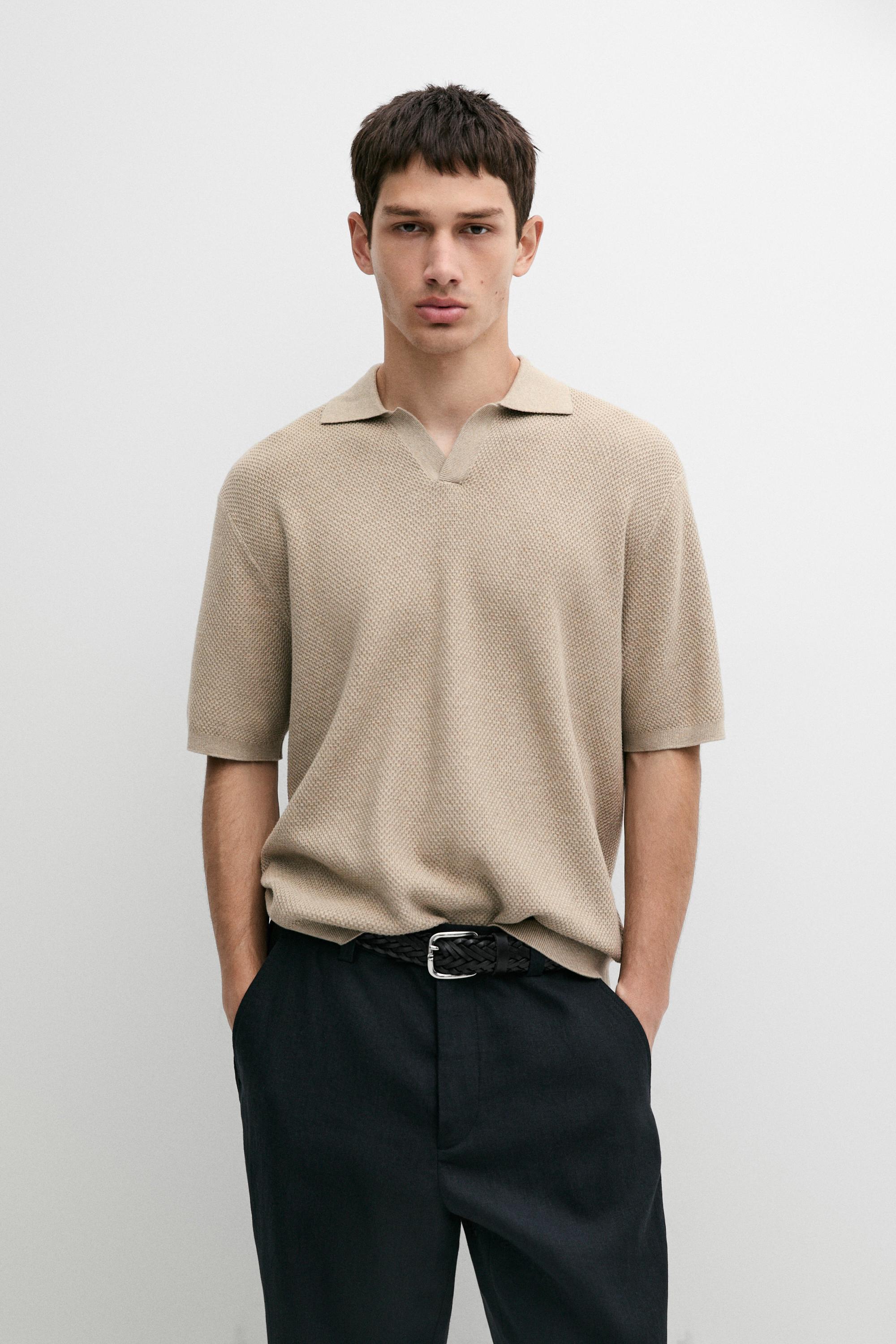 Cotton blend knit V-neck polo shirt