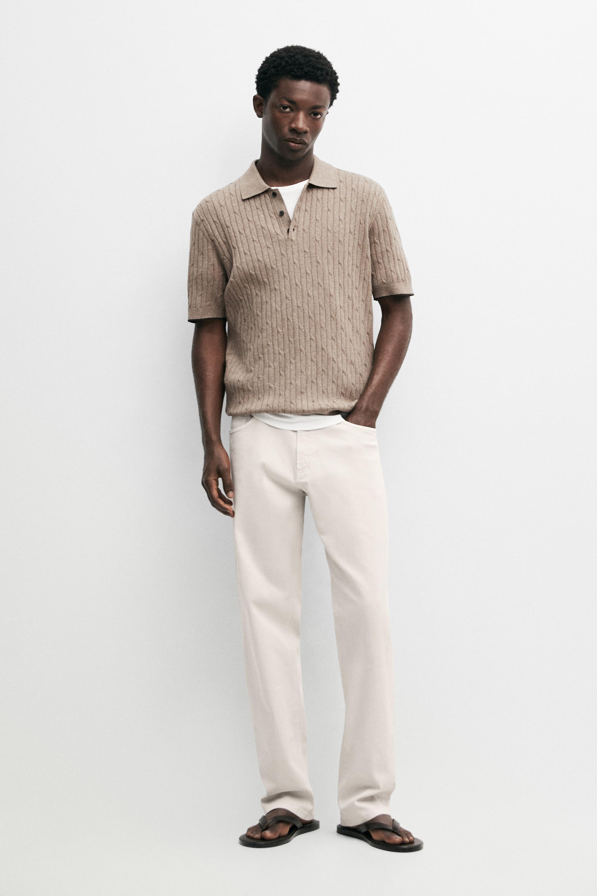 Cotton blend cable-knit polo sweater — Dark beige