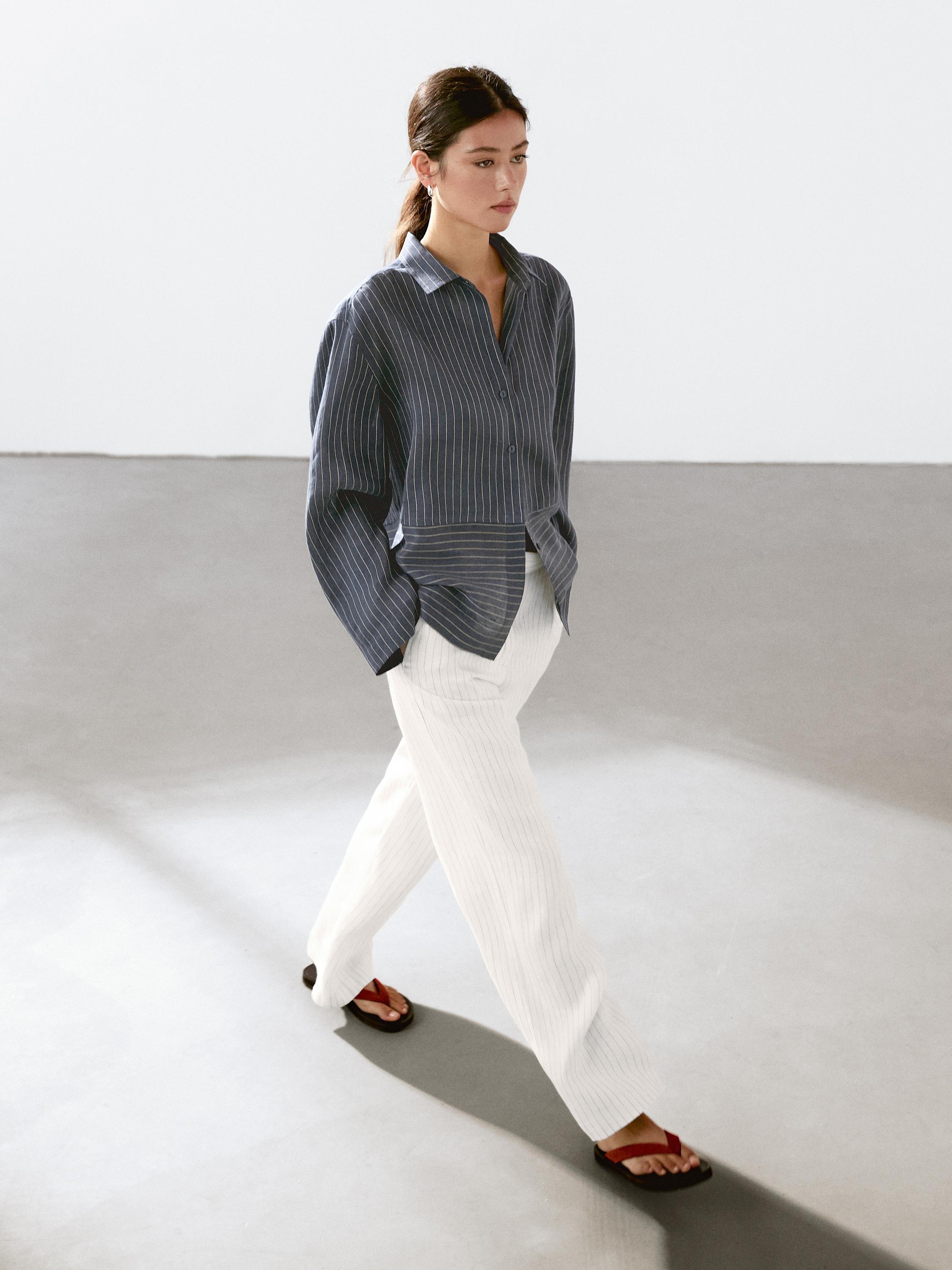 100% linen striped trousers with buckle detail