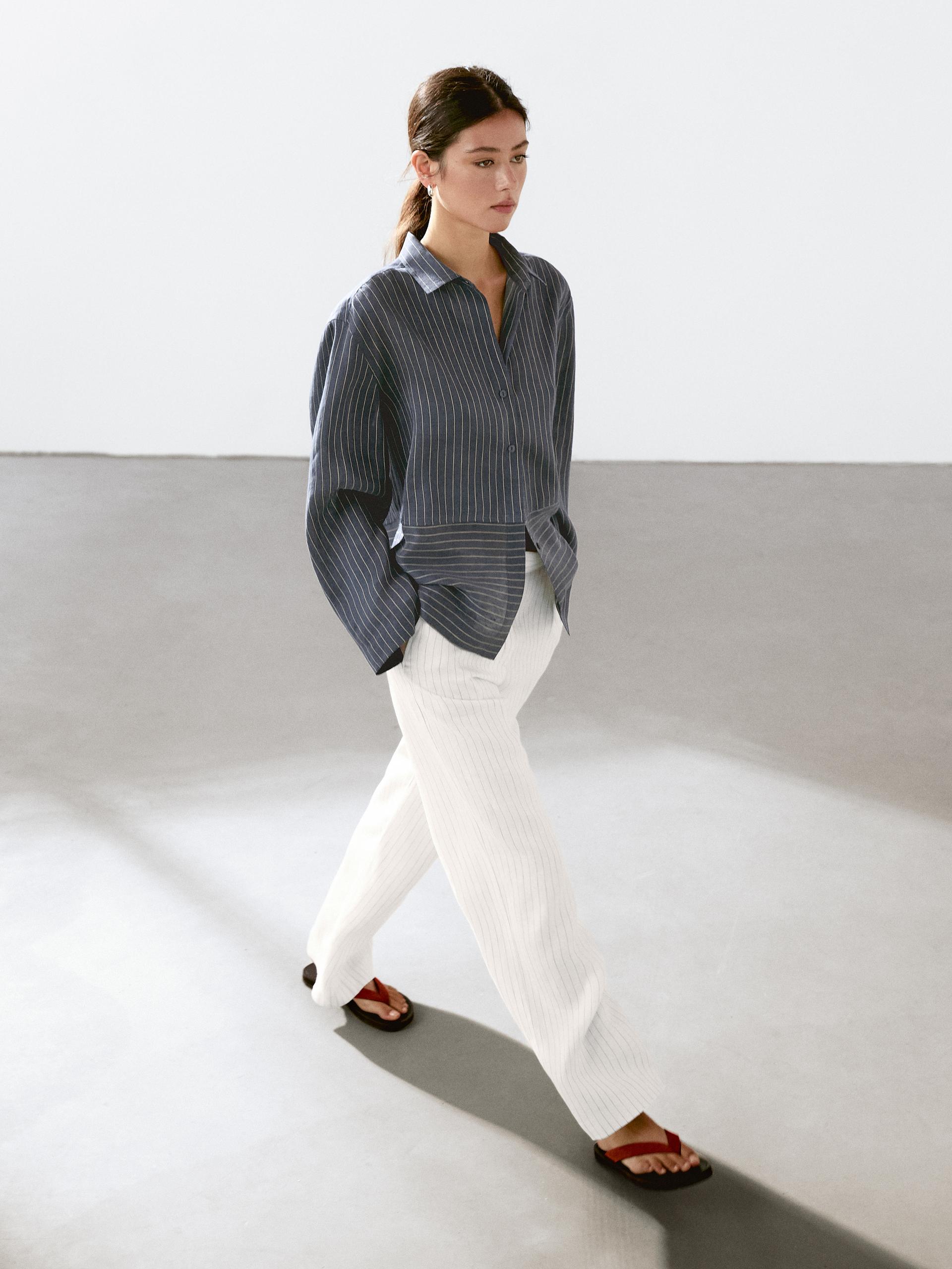 Massimo Dutti 100% Linen Striped Trousers With Buckle Detail In White