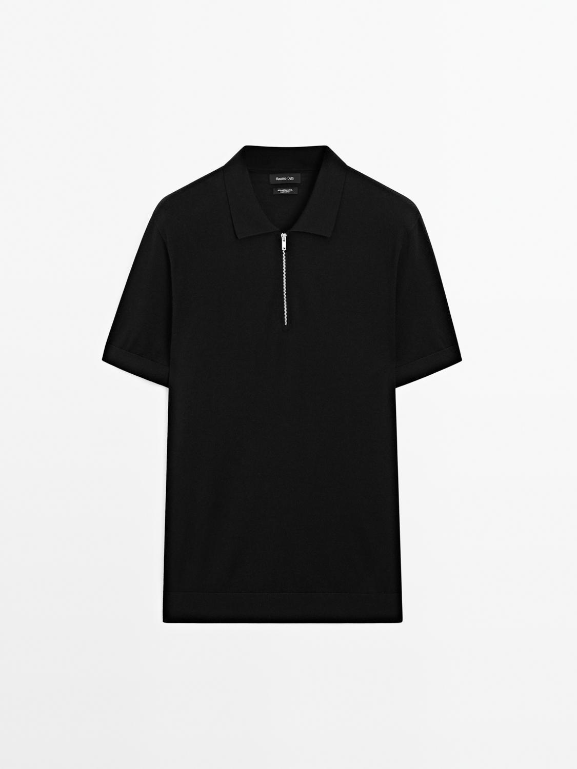 Massimo Dutti - Herre - Poloshirt I Strik Med Lynlåskrave - Sort - S