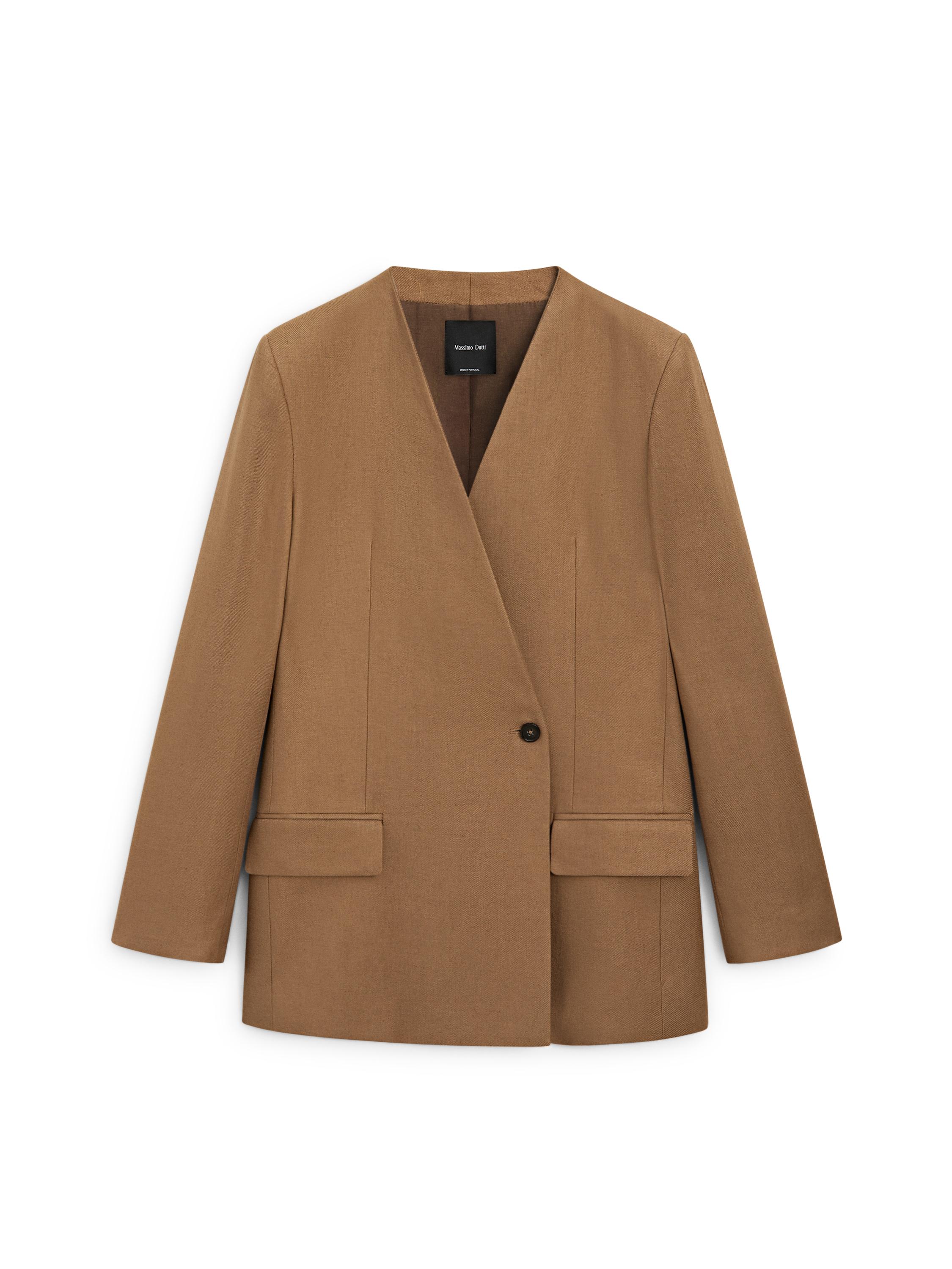 100% linen lapelless double-breasted blazer — CAMEL