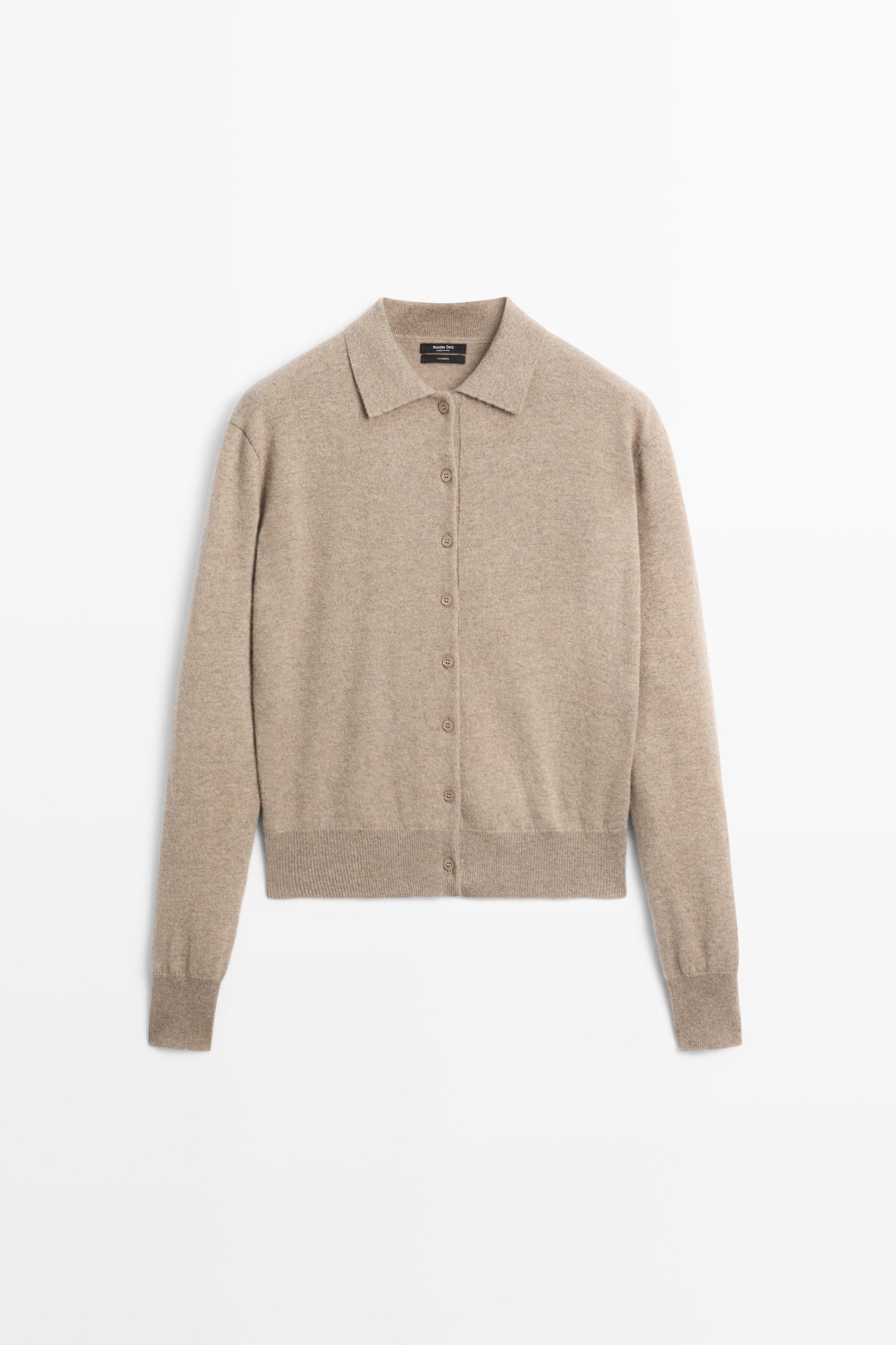 100% cashmere knit polo collar cardigan