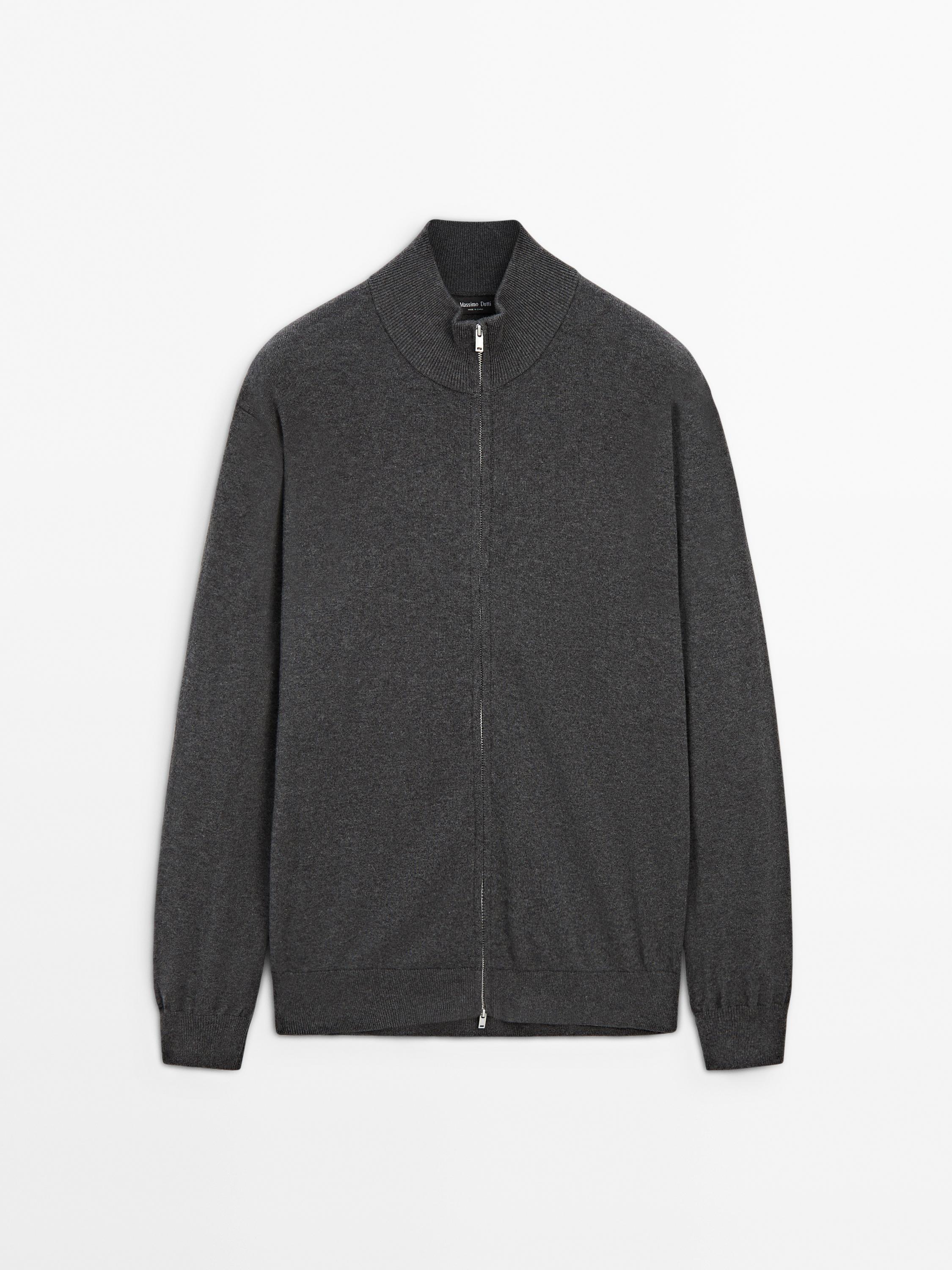 Cotton blend zip-up knit cardigan