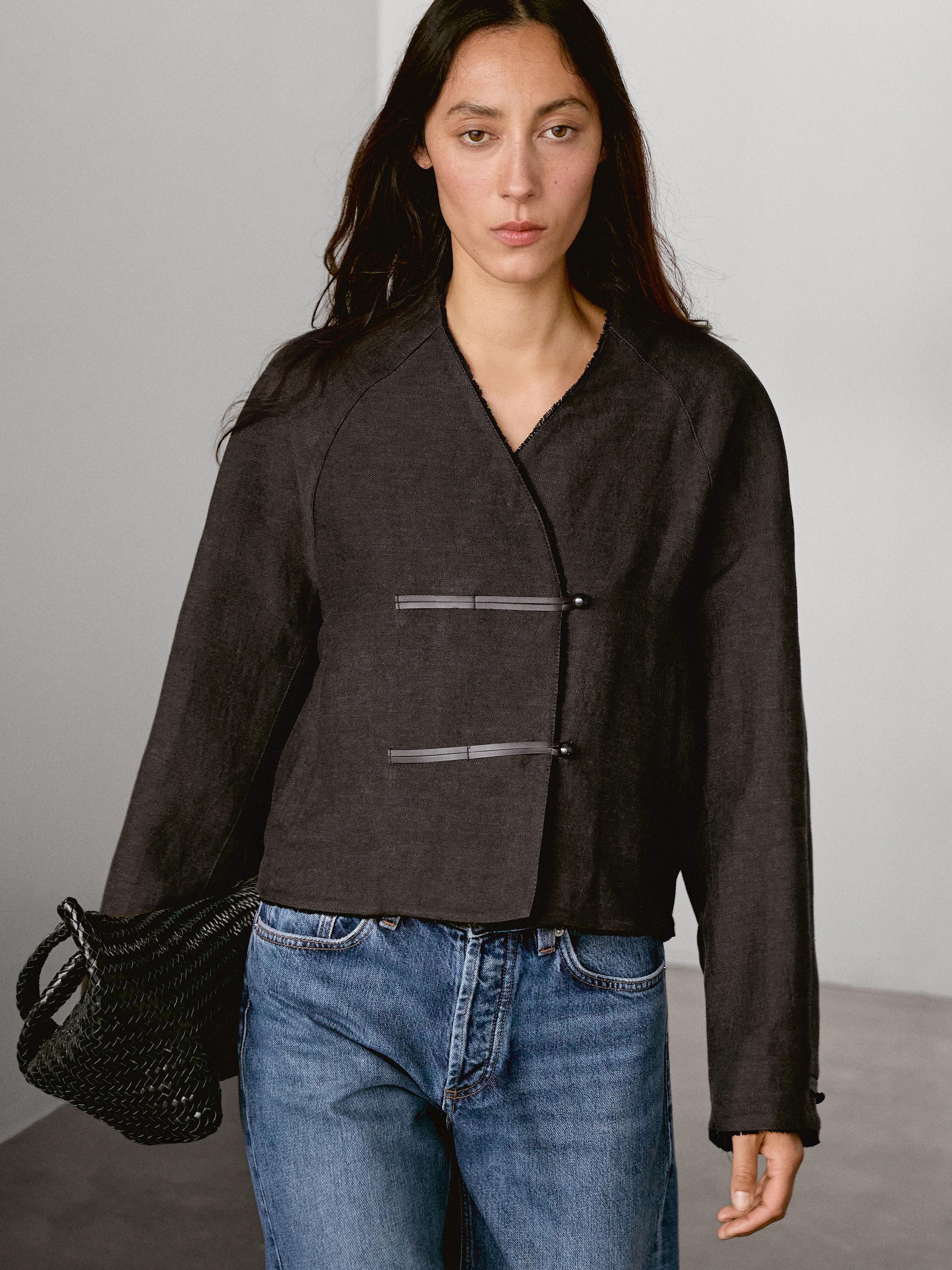 Linen blend jacket with leather fastening detail