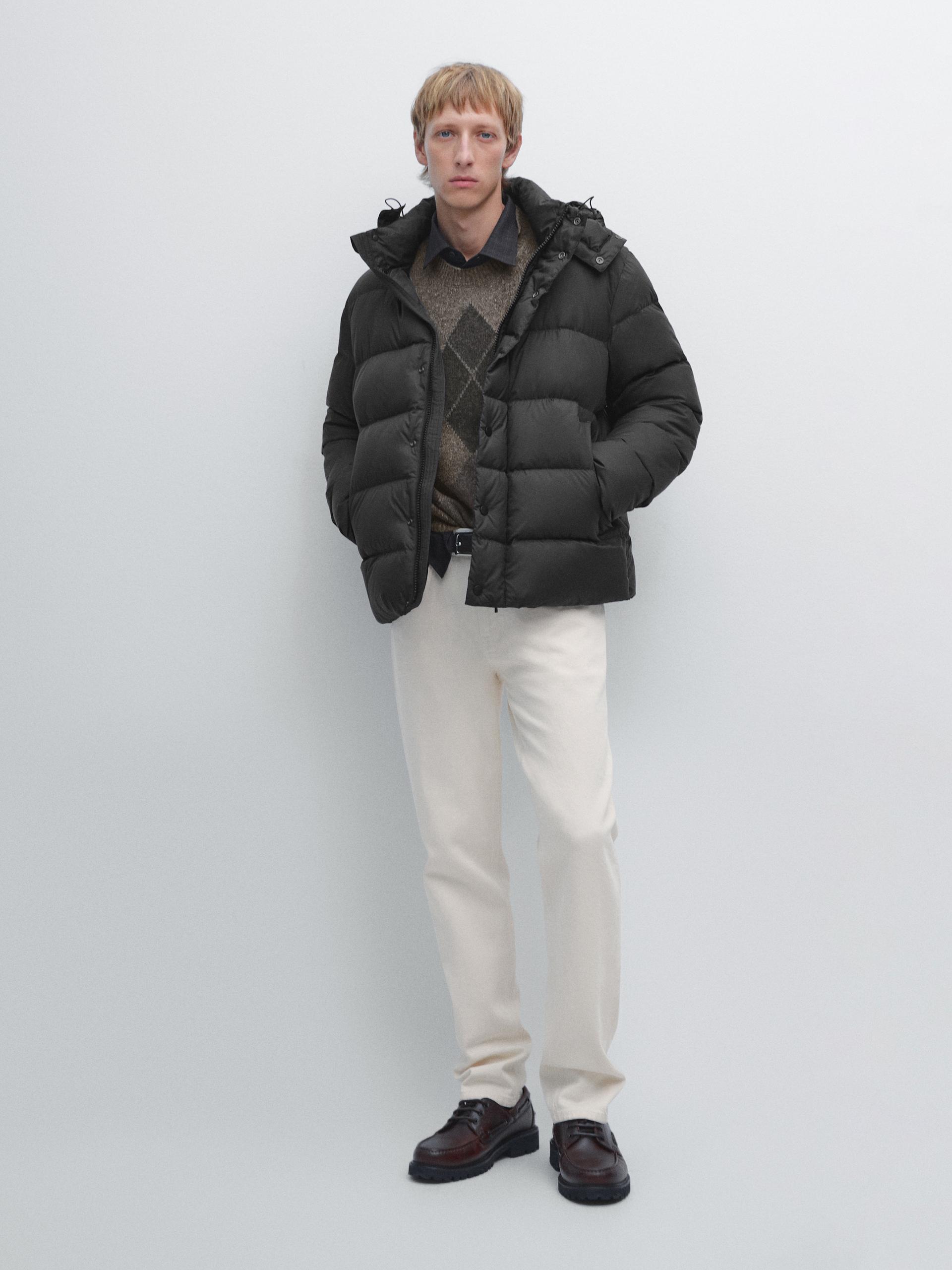 Water-Repellent Padded Hooded Jacket - Cinzento-Escuro - S - Massimo Dutti - Homem
