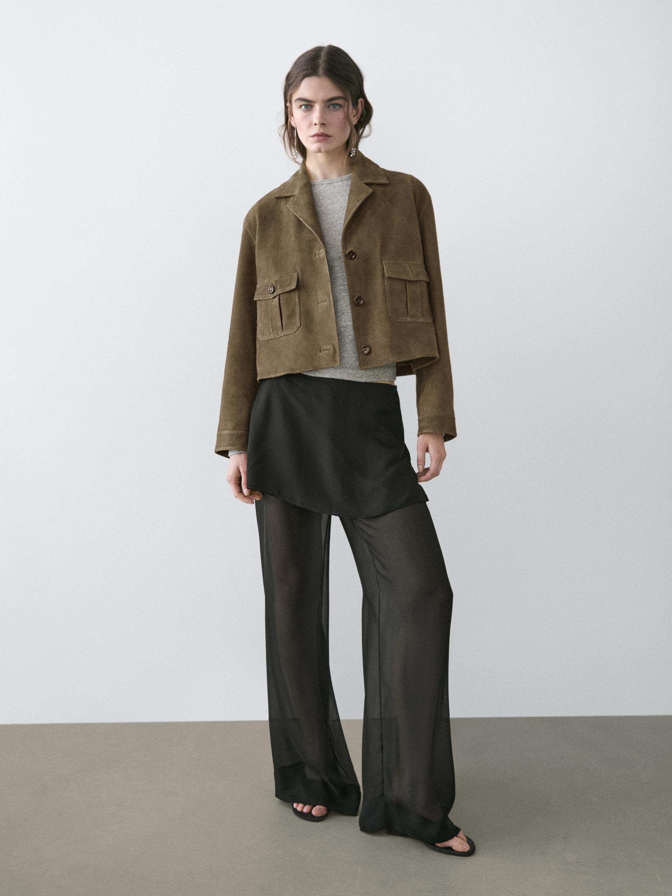 Short suede leather jacket — KHAKI