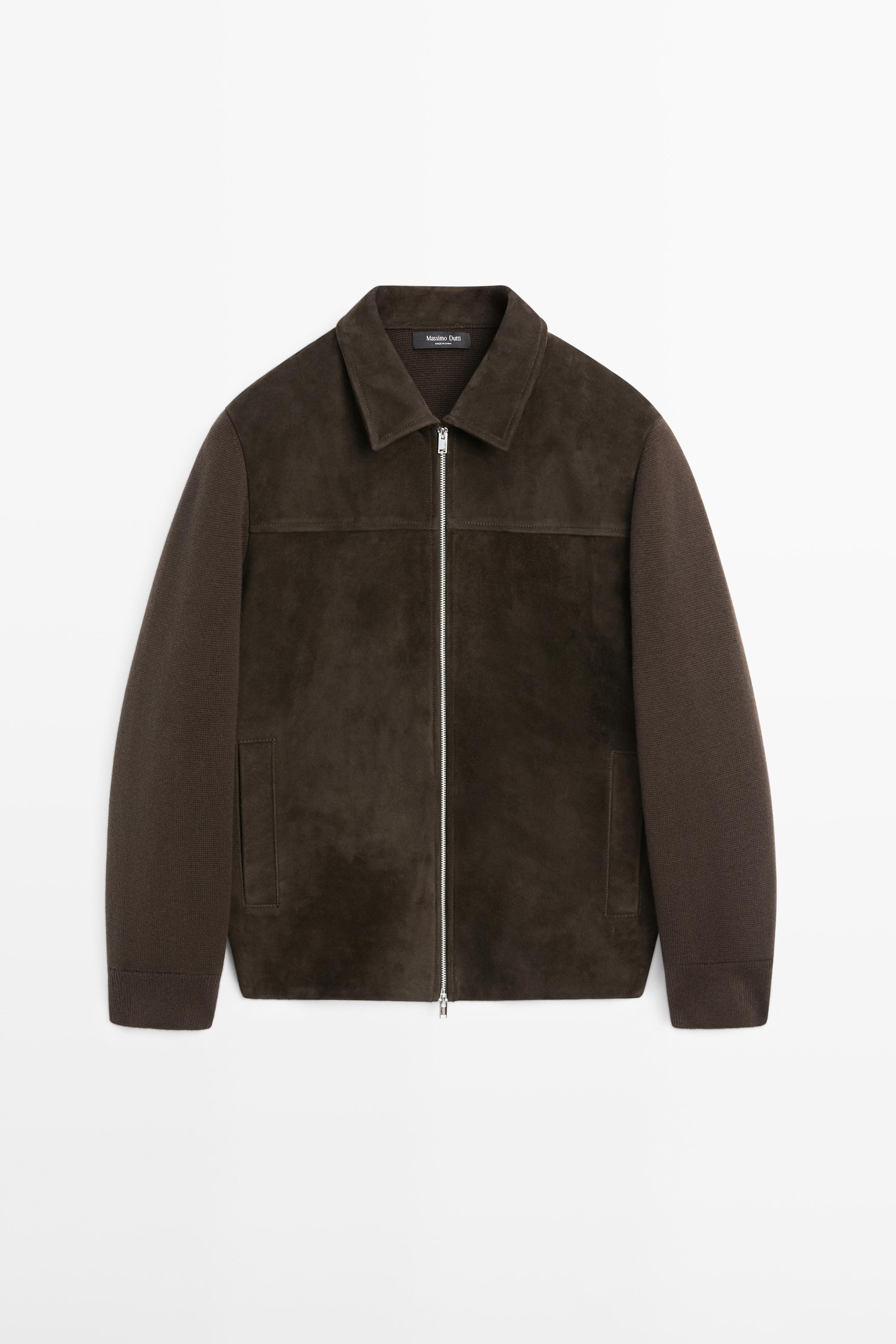 Contrast cotton and leather jacket — BROWN