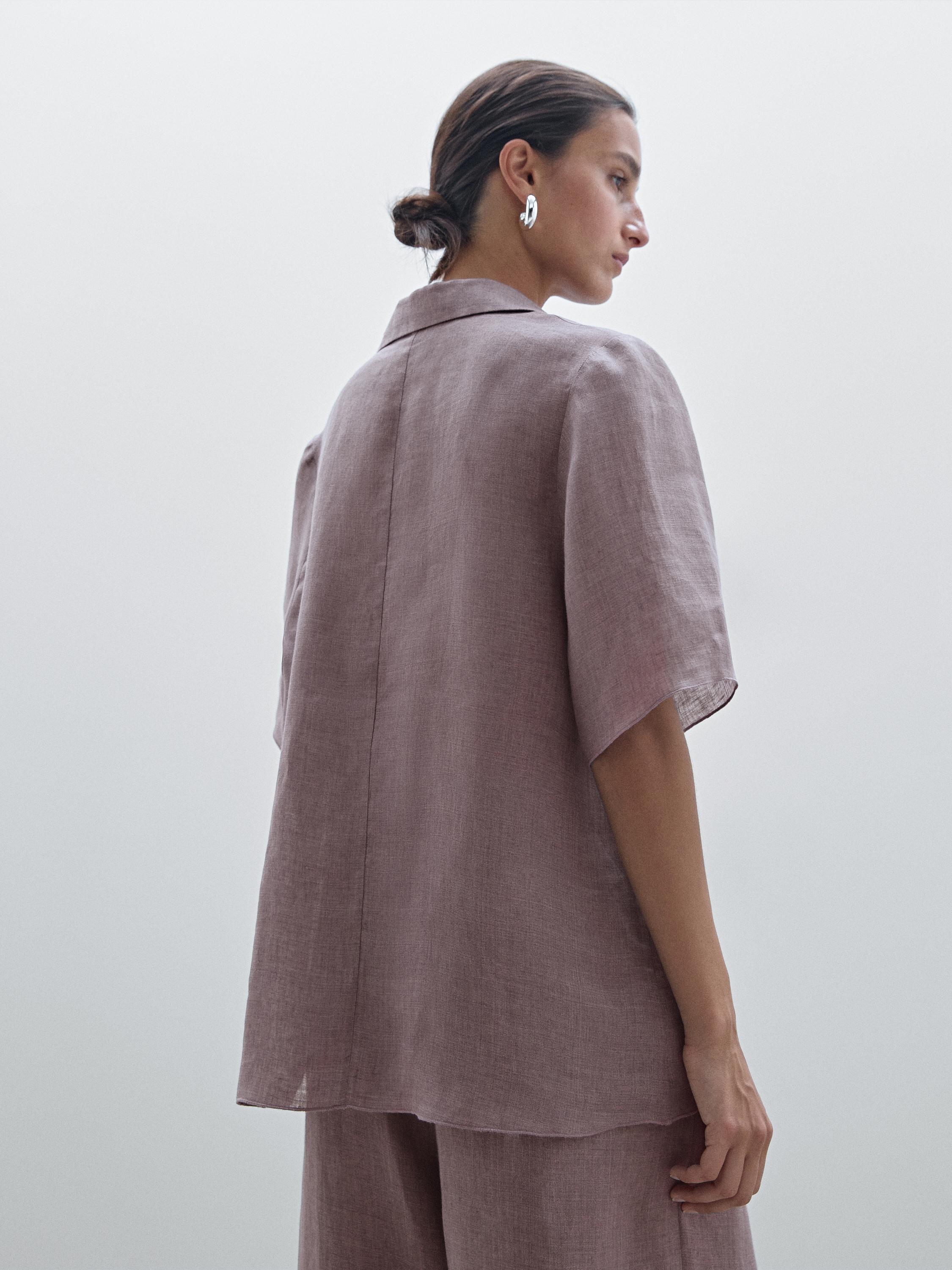 Short sleeve linen shirt with tie detail