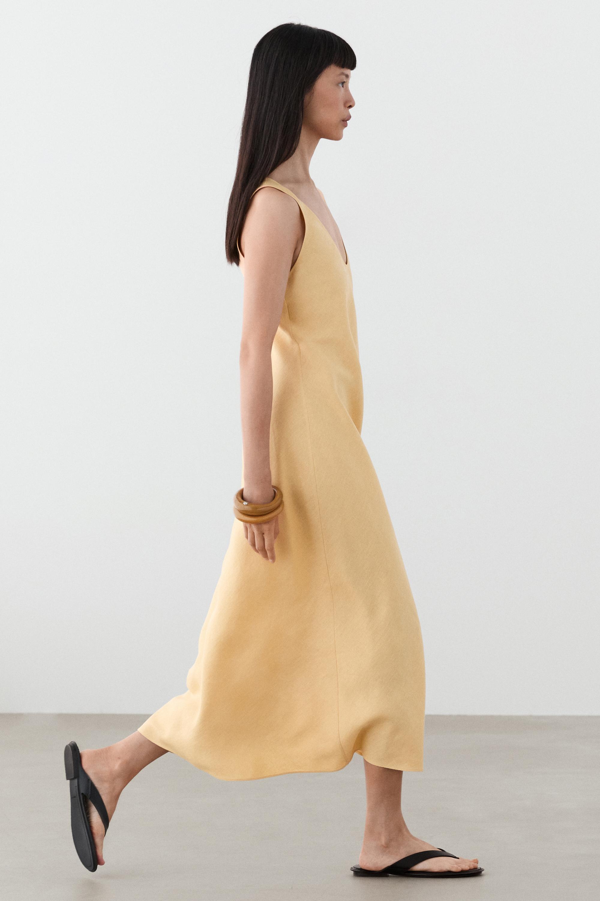 100% linen strappy midi dress — YELLOW