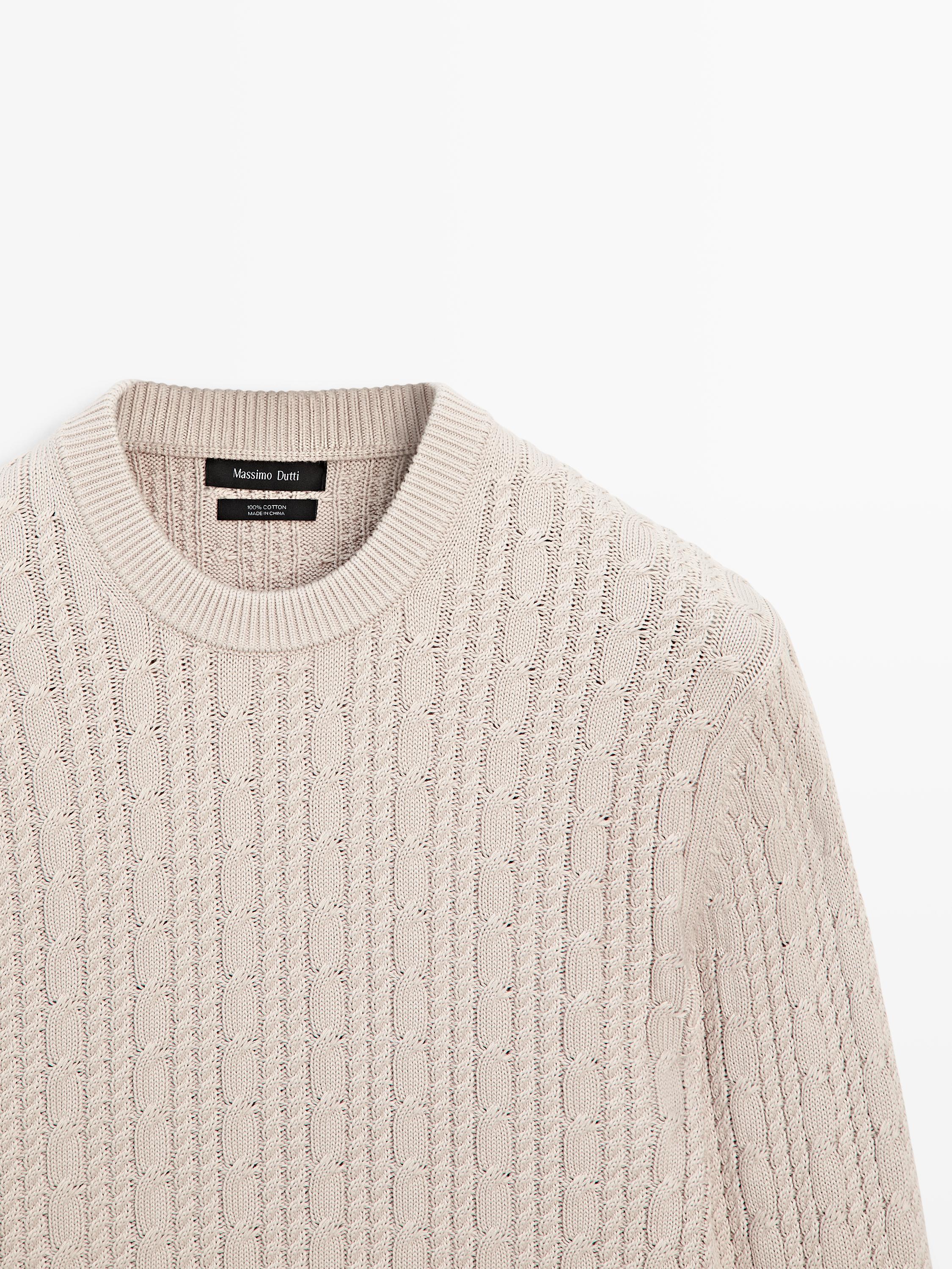 Cable-knit 100% cotton sweater with crew neck — STONE