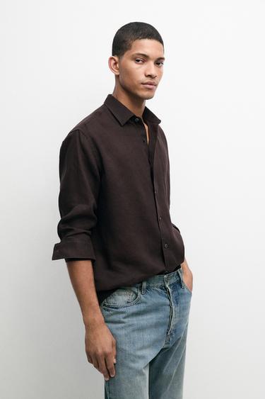 100% linen regular fit shirt — Chocolate 3