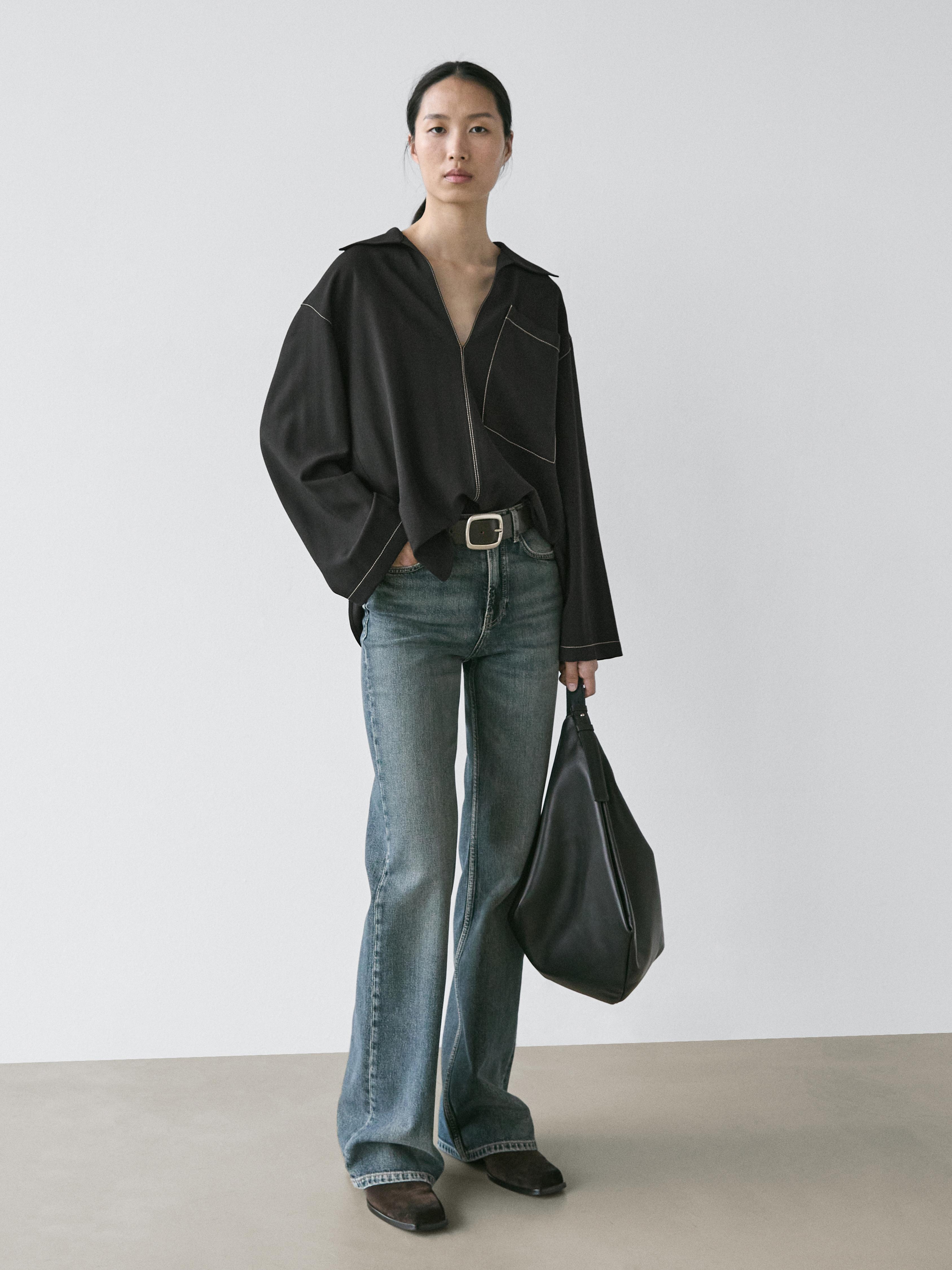 Flowing wool blend overshirt with pocket detail — BLACK