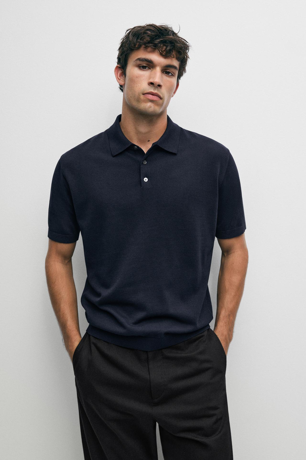 100% cotton knit polo sweater — NAVY BLUE