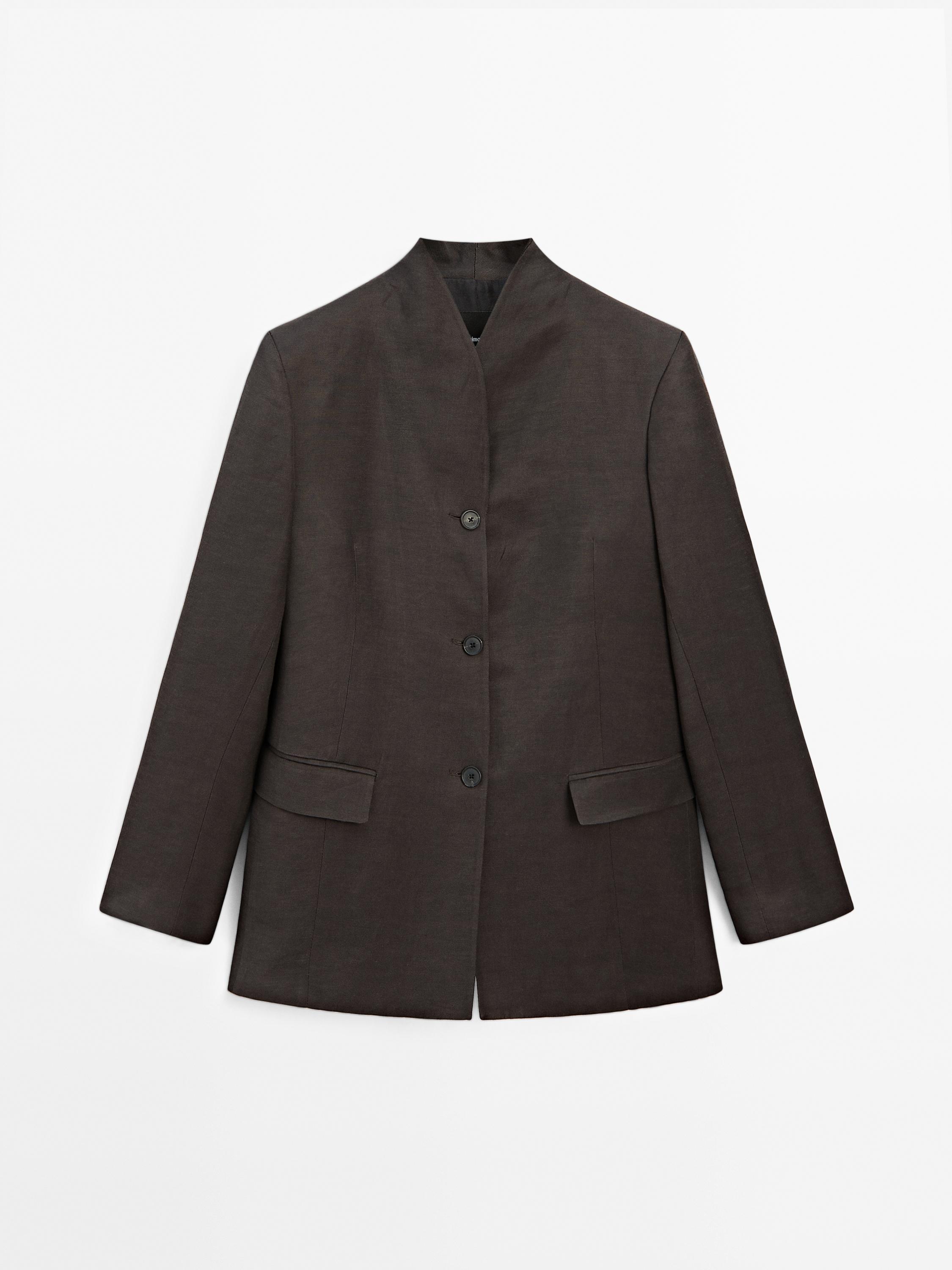 Linen blend high neck blazer