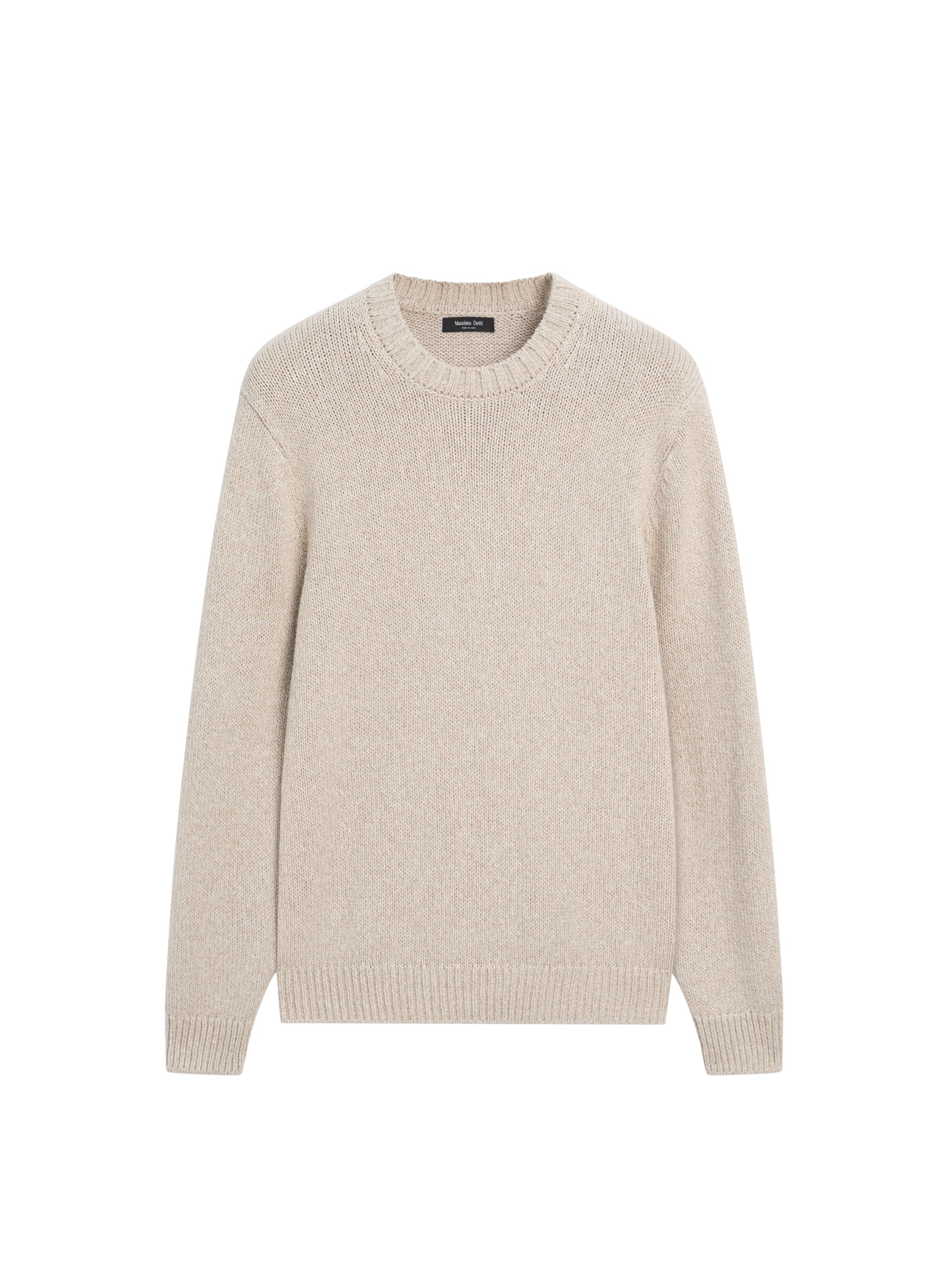 Cotton blend knit crew neck sweater — BEIGE