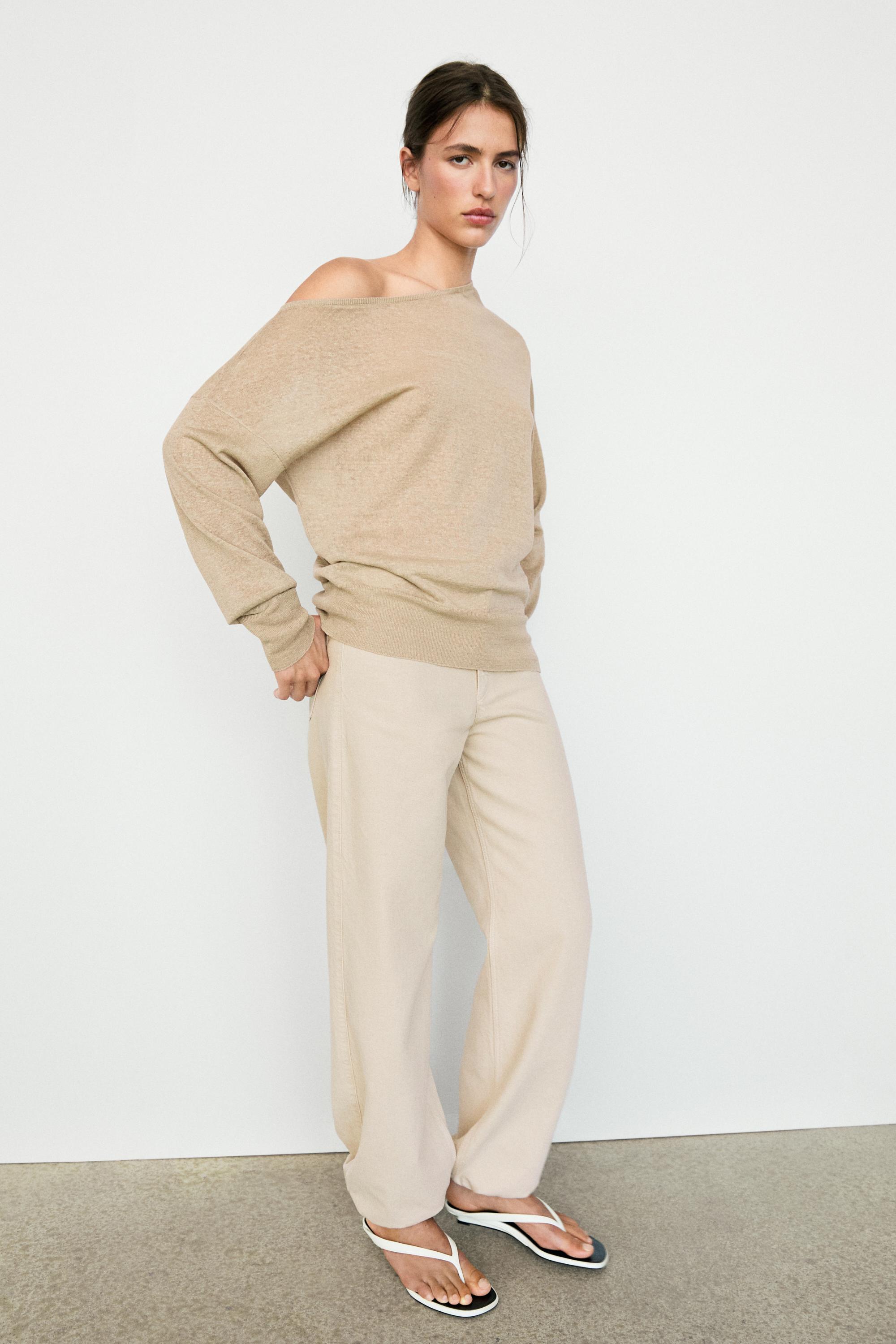 Flowing 100% linen off-the-shoulder sweater — TAUPE GREY