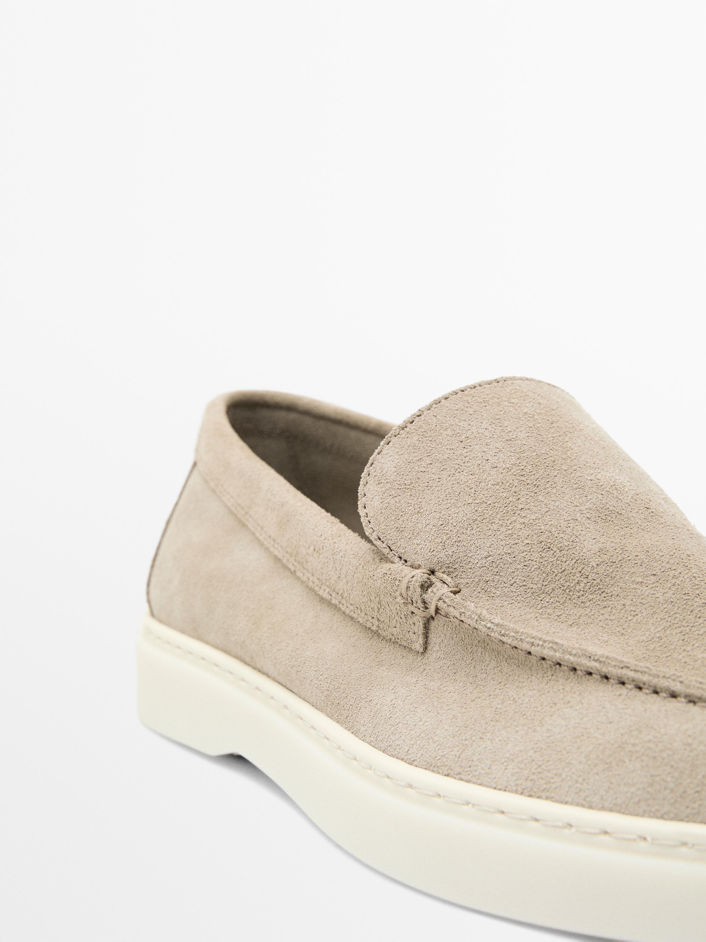 Split leather loafers with moc toe — SAND