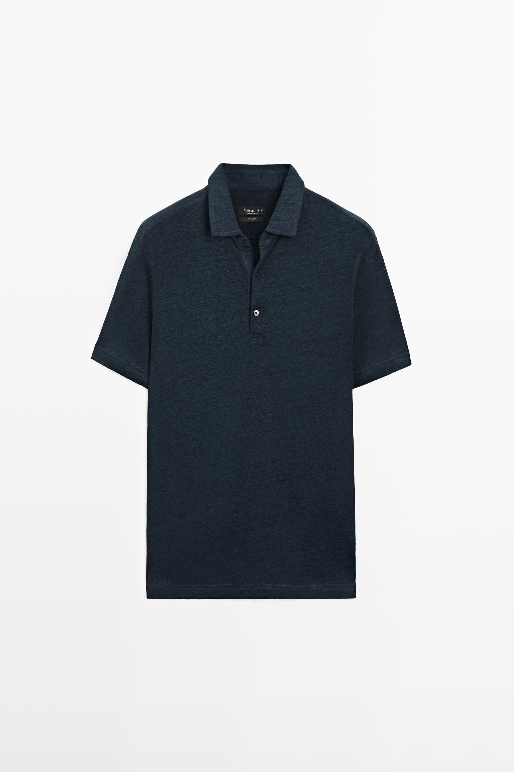 100% linen short sleeve polo shirt — NAVY BLUE