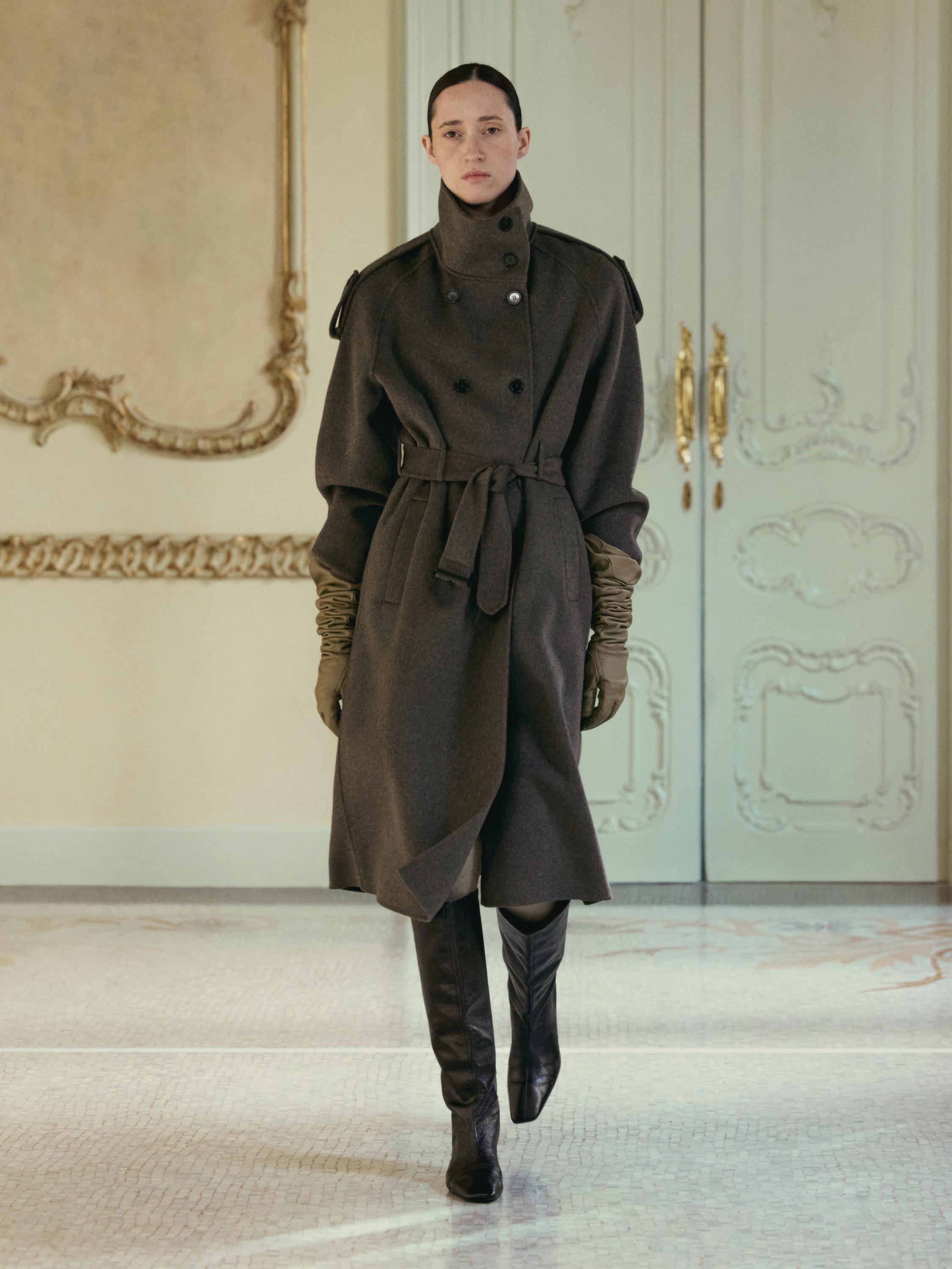 Trench long ceinture en laine mélangée