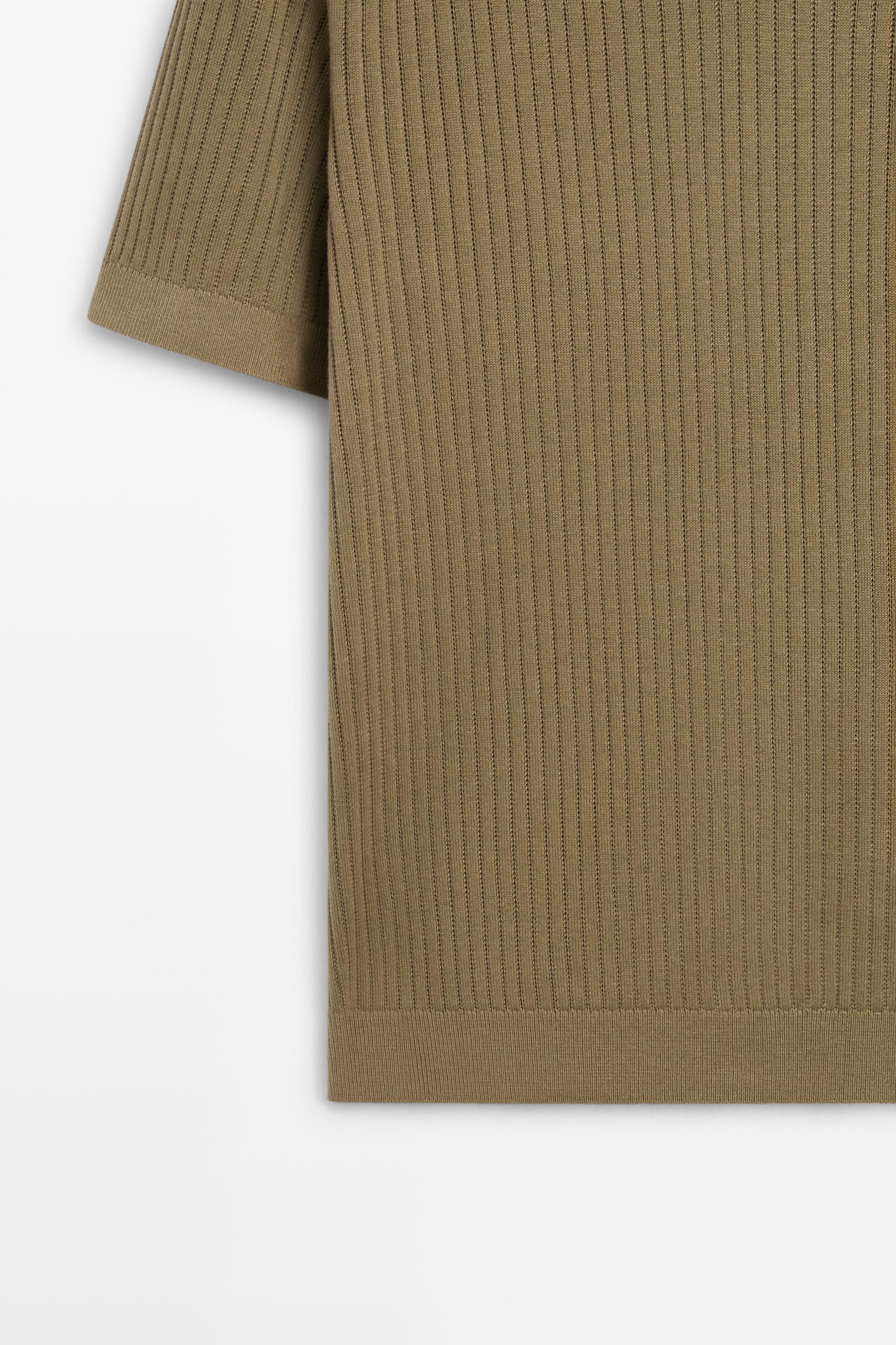 100% cotton ribbed knit polo sweater — DARK KHAKI