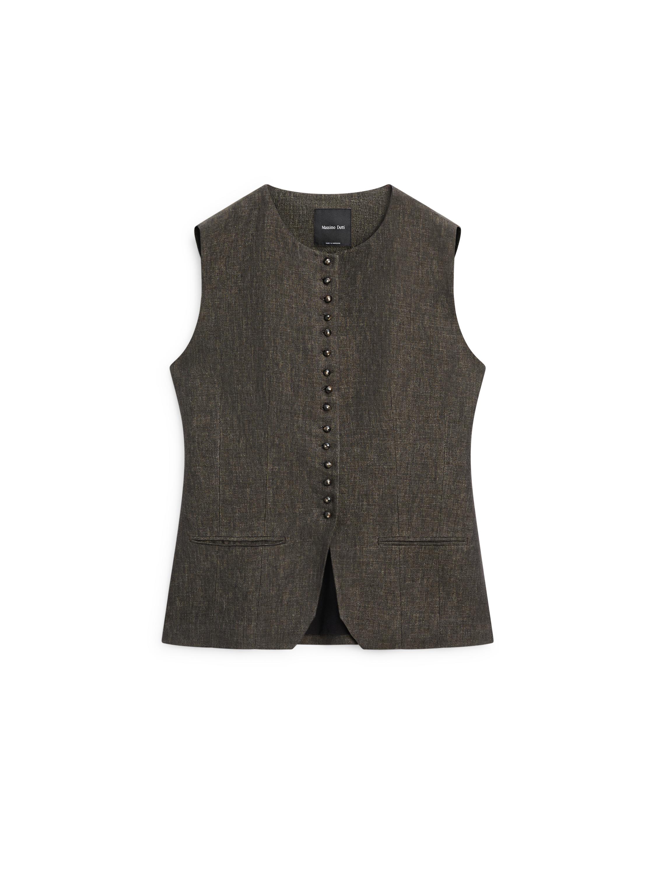 100% linen vest with button detail — Chocolate