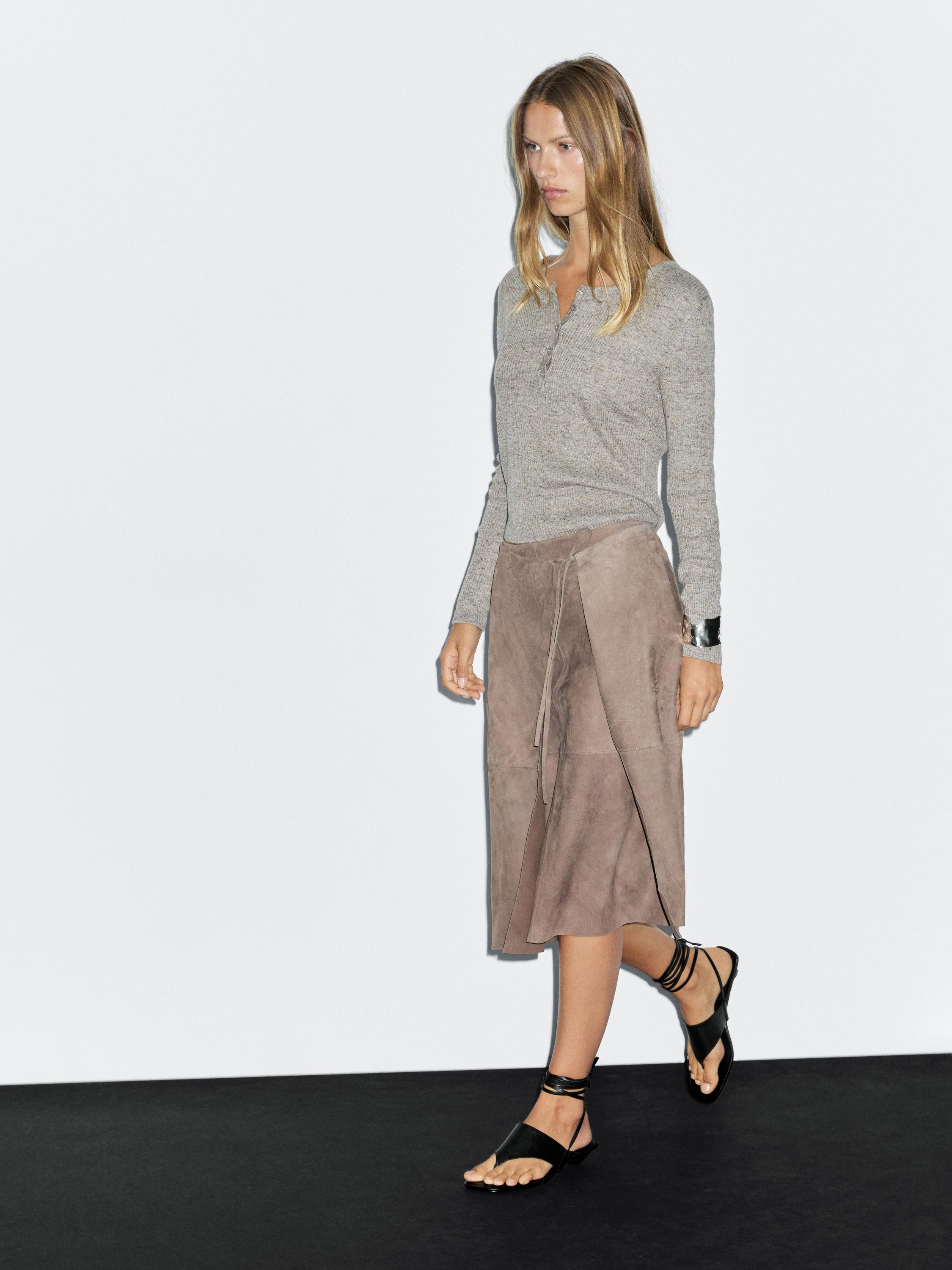 Suede leather wrap midi skirt